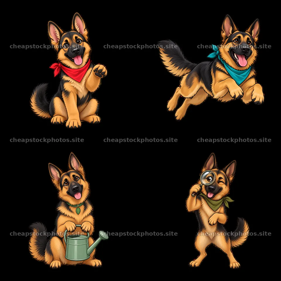 Four playful German Shepherd dog stickers in various activities – stock photos 7746x7746