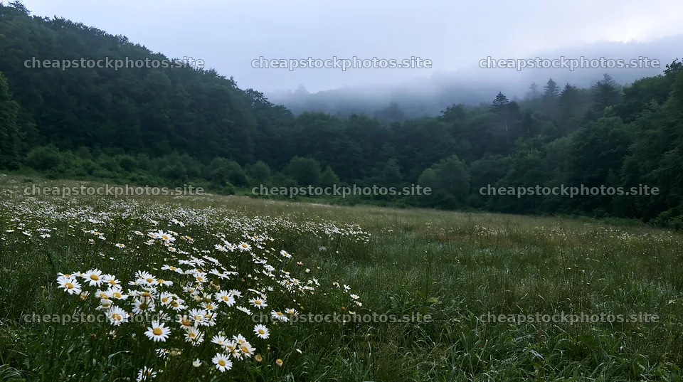 Meadow flowers at forest edge in misty morning – stock photos 10608x5938