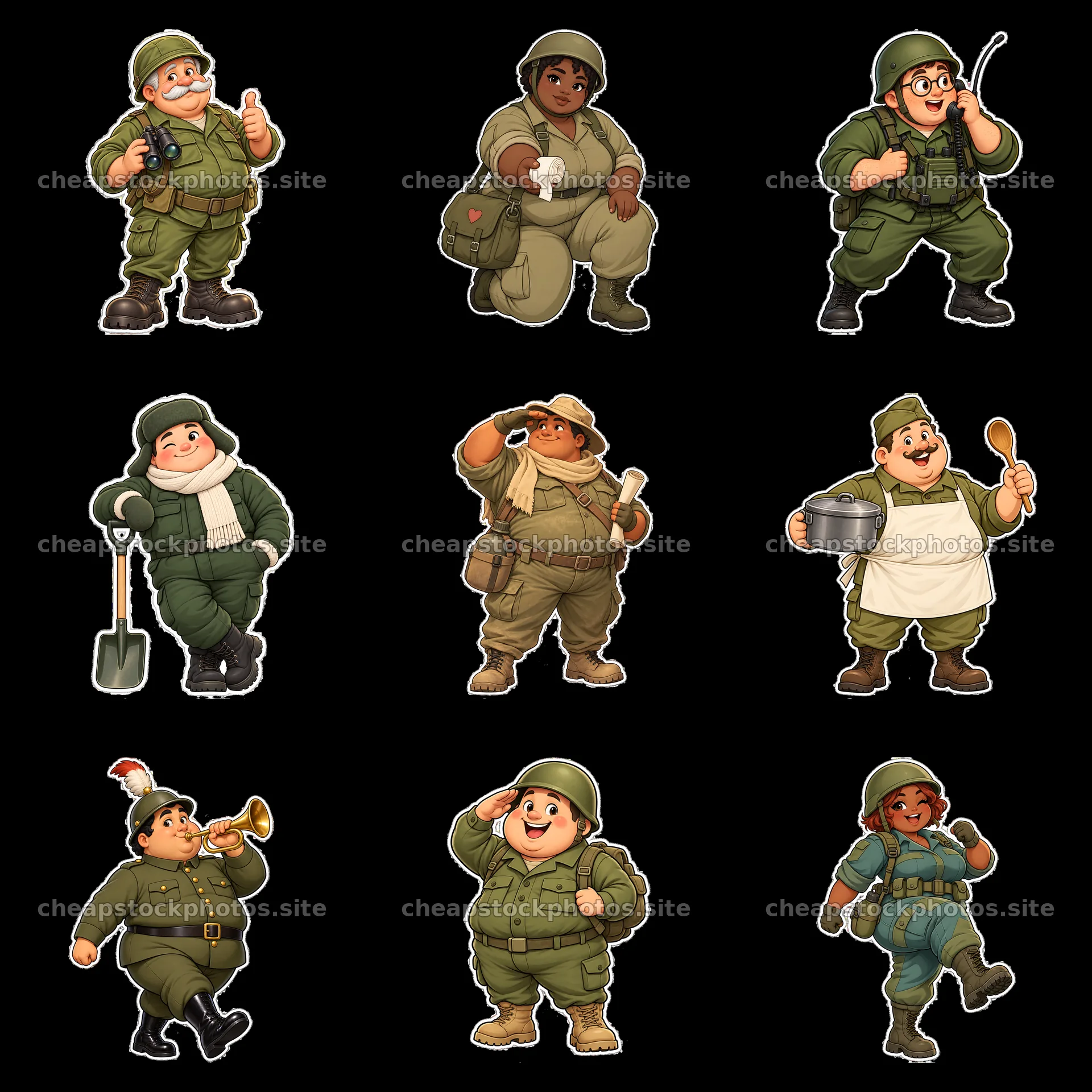 Cute ultra-chubby soldiers in various fun activities in a grid – stock photos 7746x7746