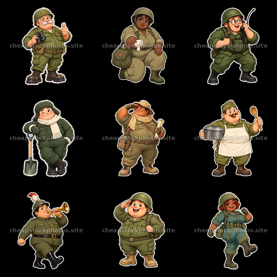 Cute ultra-chubby soldiers in various fun activities in a grid – stock photos 7746x7746