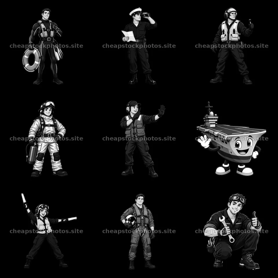 Cartoon characters on an aircraft carrier in monochrome style – stock photos 7746x7746