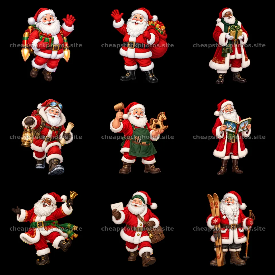 Various Santa Claus characters in different festive activities – stock photos 7746x7746