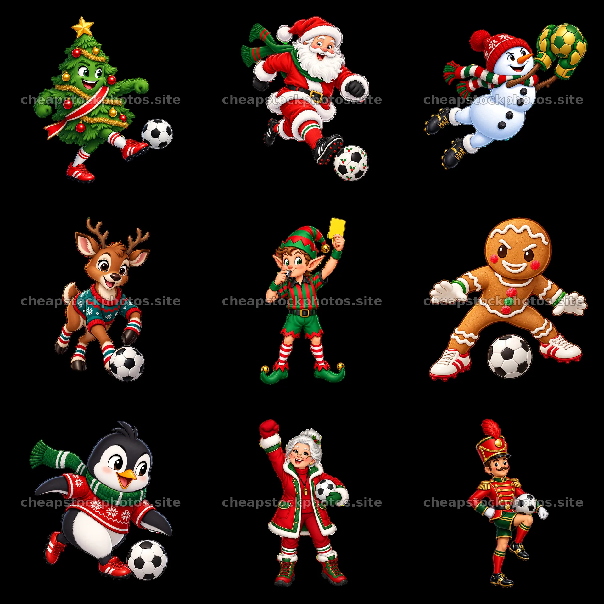 Christmas characters playing soccer in a 3x3 layout – stock photos 7746x7746