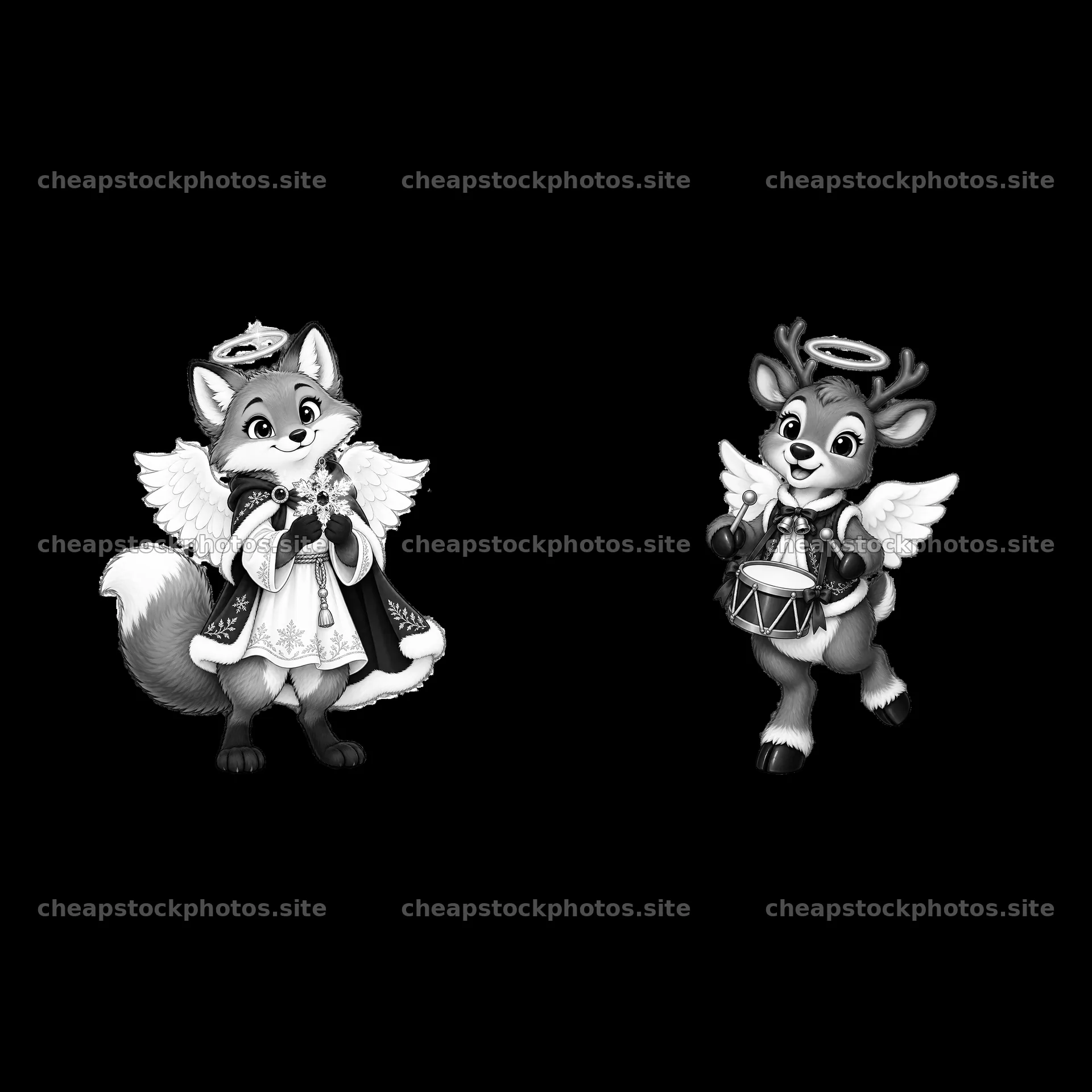 Christmas angel fox and reindeer playing music – stock photos 7746x7746