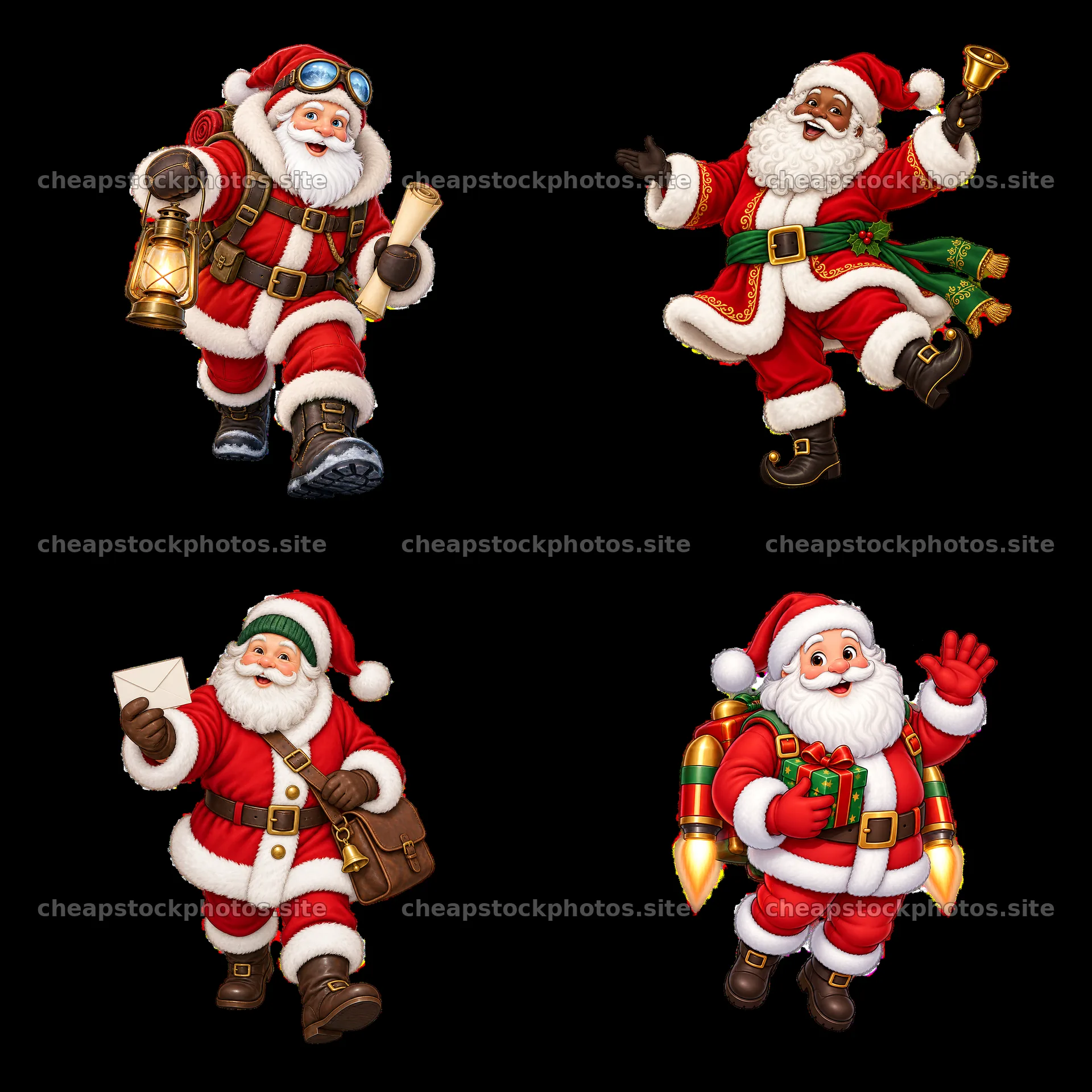 Santa Claus with various accessories in a festive layout – stock photos 7746x7746