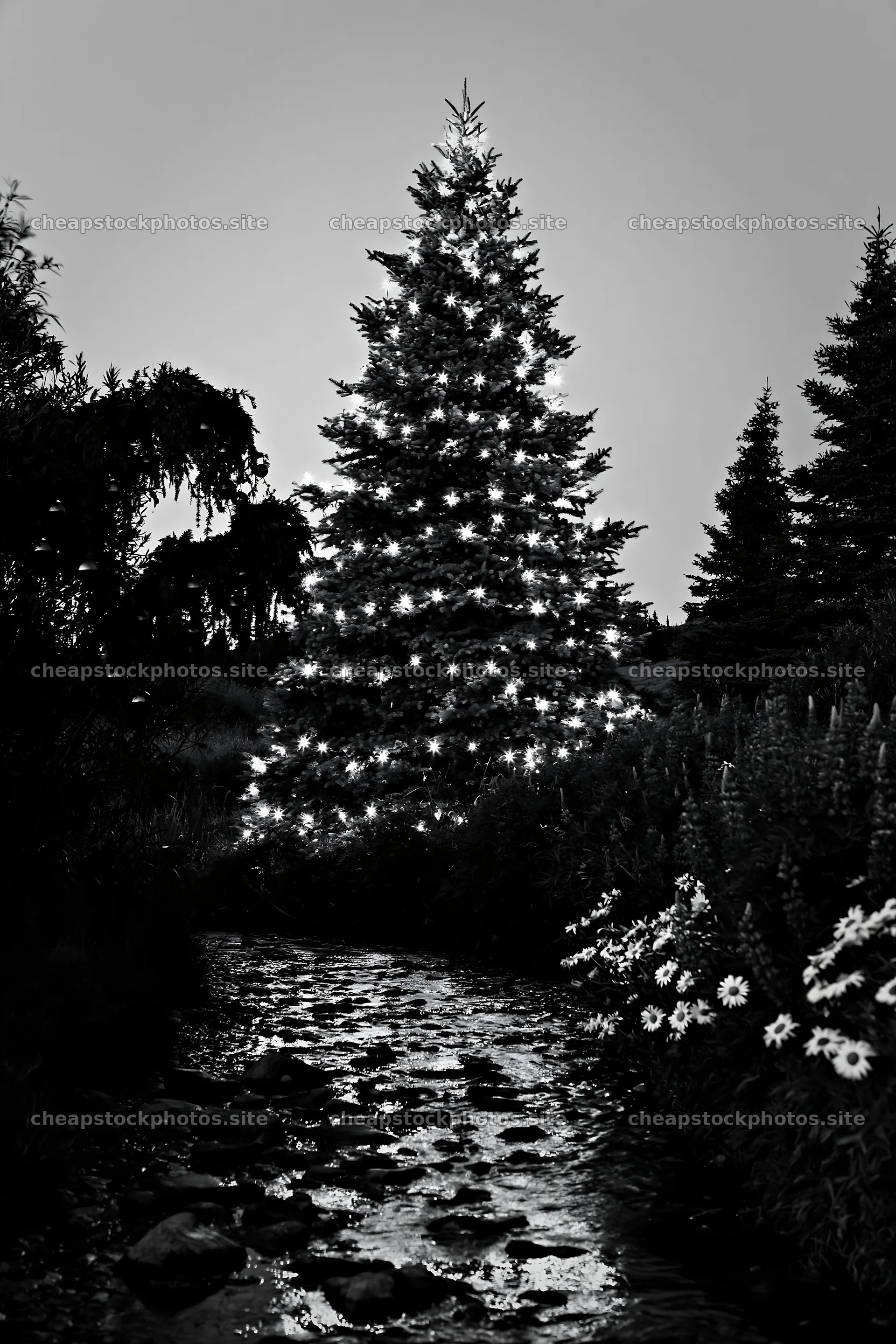 Christmas tree at dusk beside stream in meadow – stock photos 6480x9722