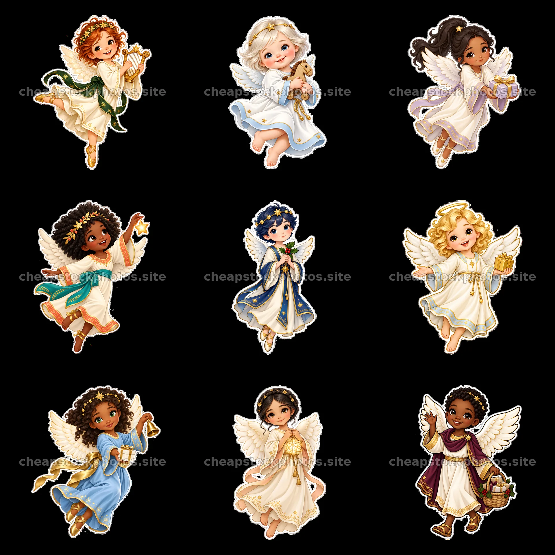 Christmas angel stickers featuring Christ Child gift-bringers – stock photos 7746x7746