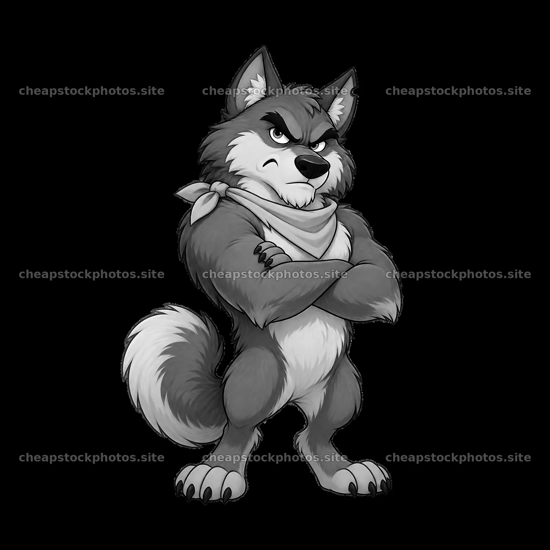 Grumpy wolf character with bandana and crossed arms – stock photos 7746x7746