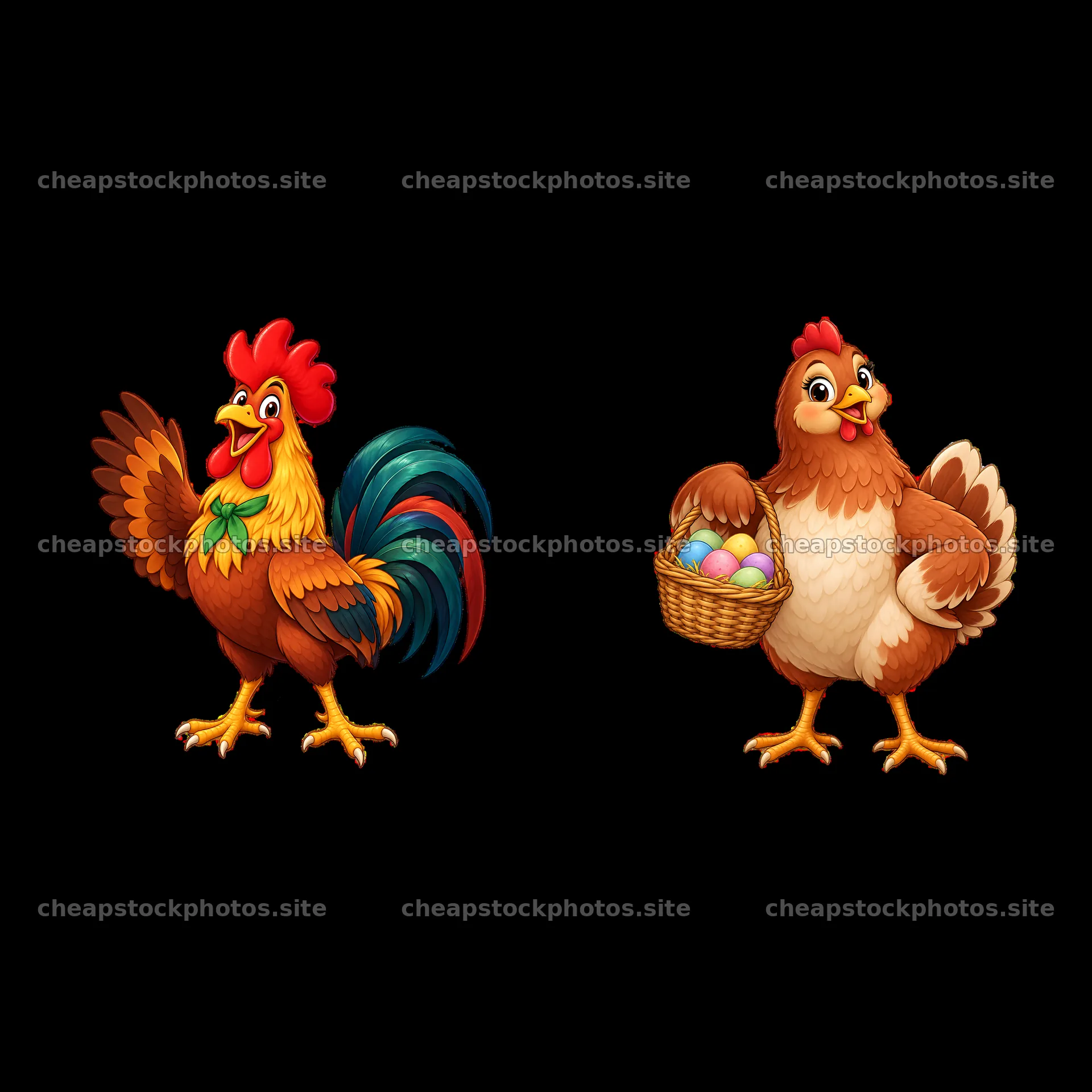 Cartoon rooster and hen with basket of eggs on a farm – stock photos 7746x7746