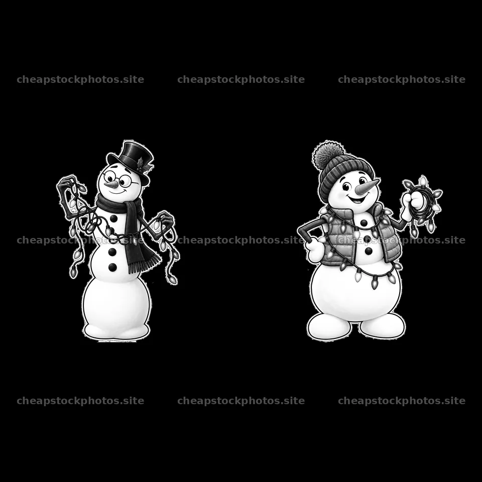 Snowman holding string lights in monochrome illustration – stock photos 7746x7746