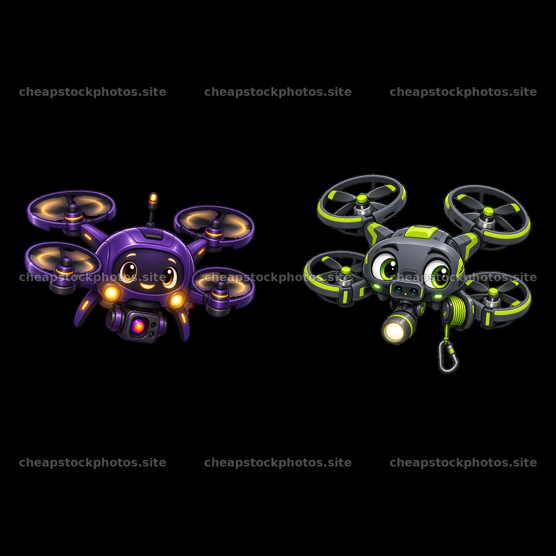 Cartoon drones with smiling faces and distinctive designs – stock photos 7746x7746
