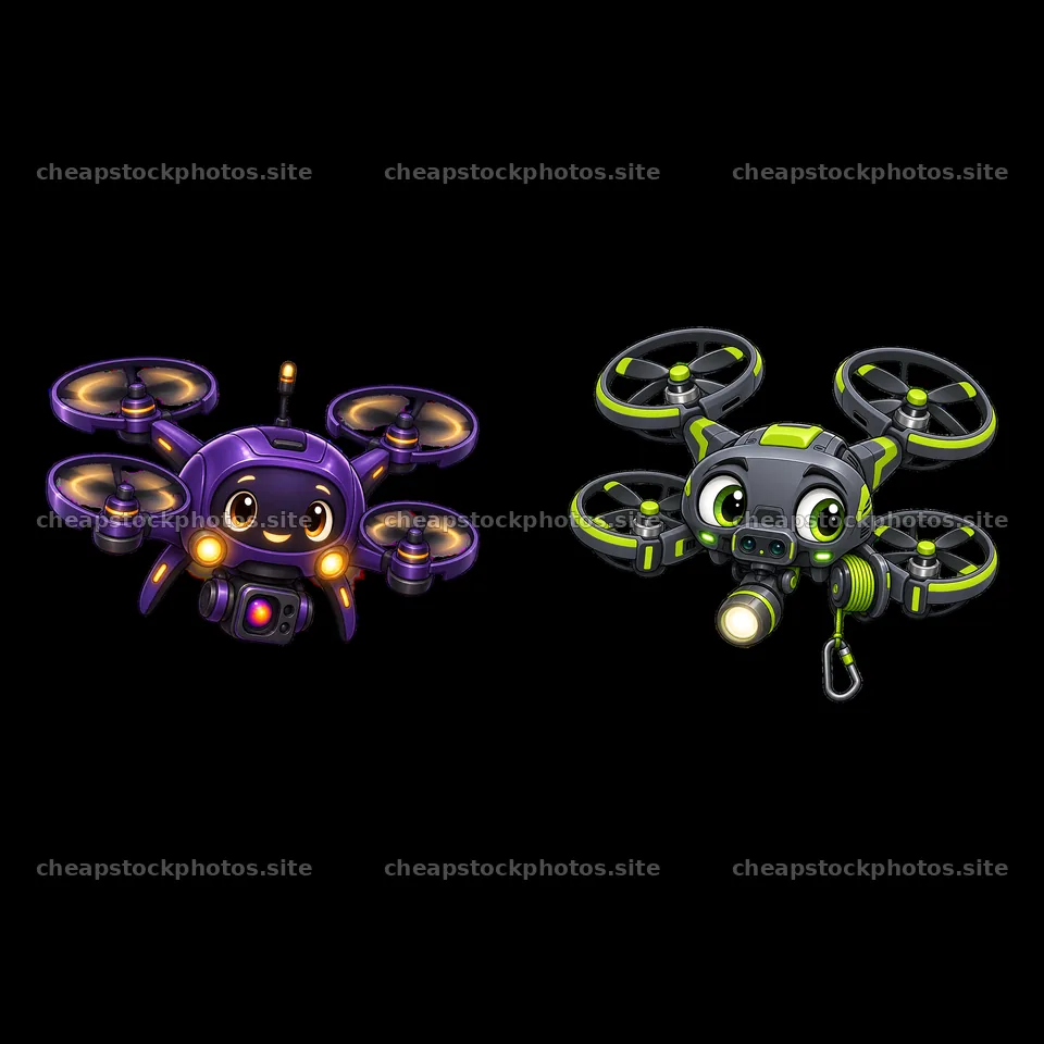 Cartoon drones with smiling faces and distinctive designs – stock photos 7746x7746