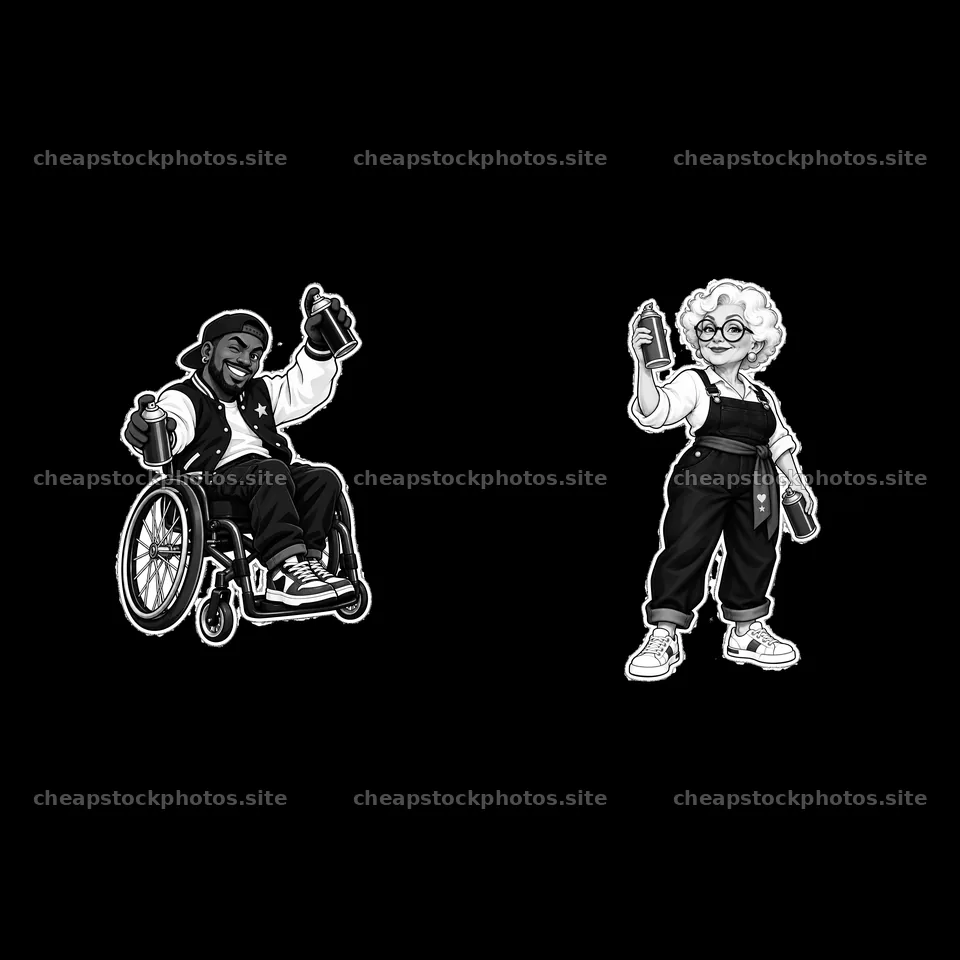 A young man in a wheelchair holds a spray can, creating graffiti art – stock photos 7746x7746