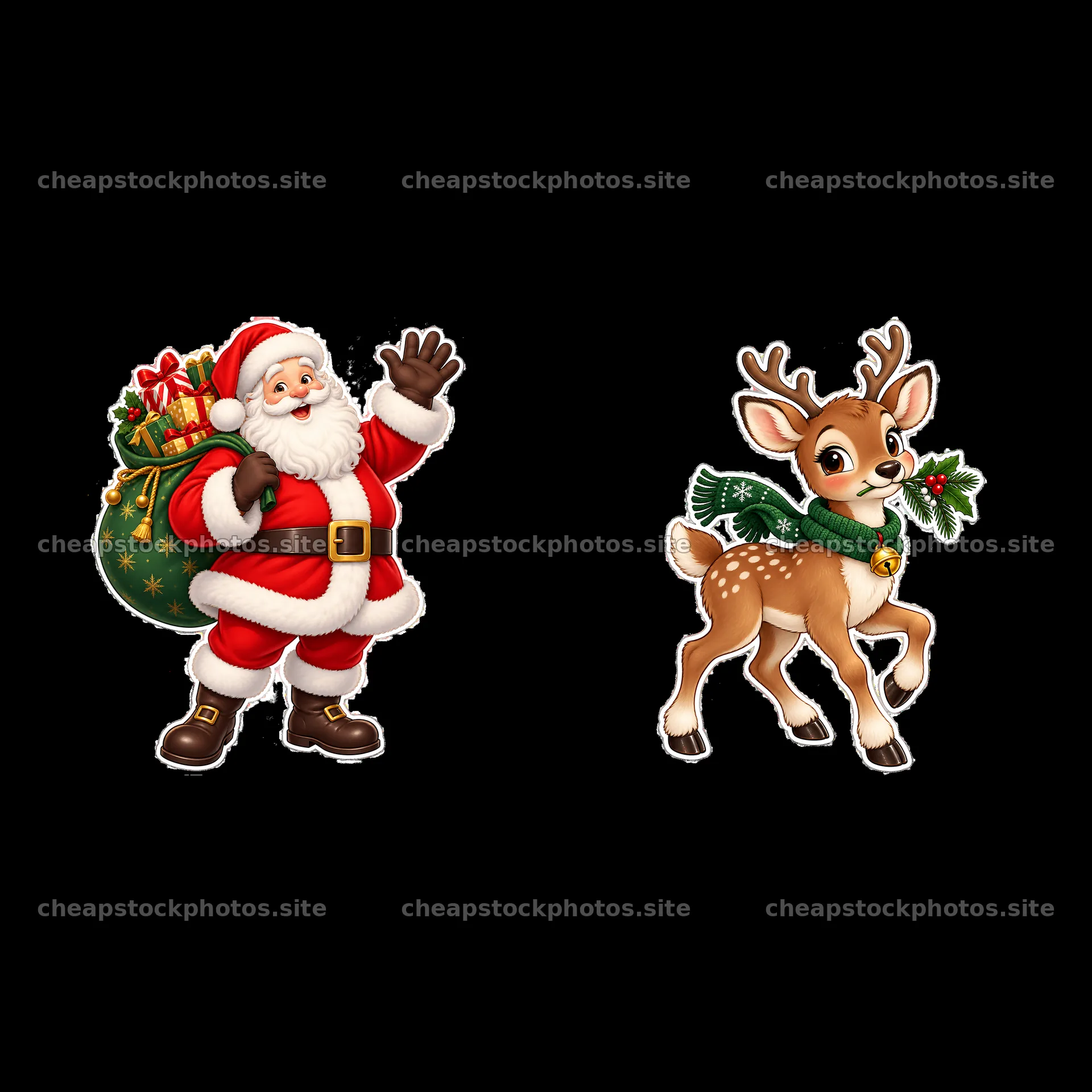 Santa Claus waving beside a cheerful reindeer with gifts – stock photos 7746x7746