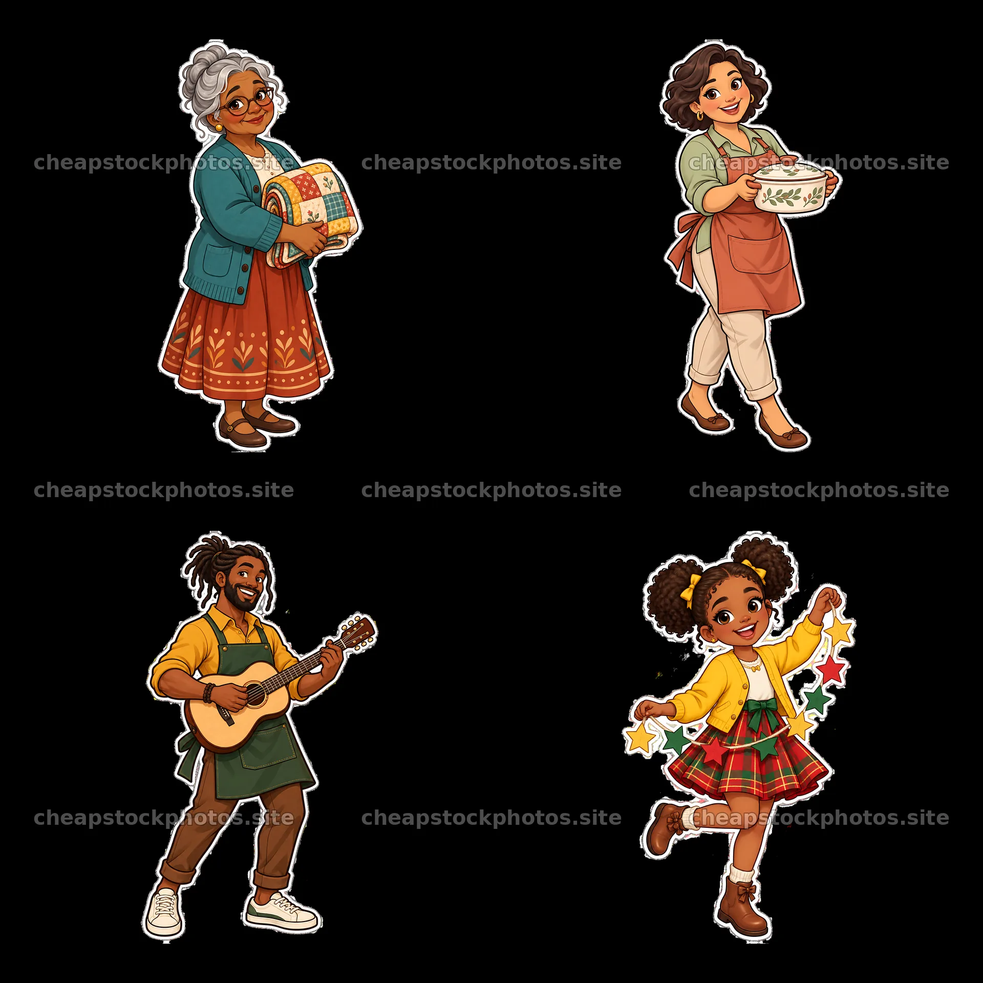 Family members engaging in cooking and music – stock photos 7746x7746