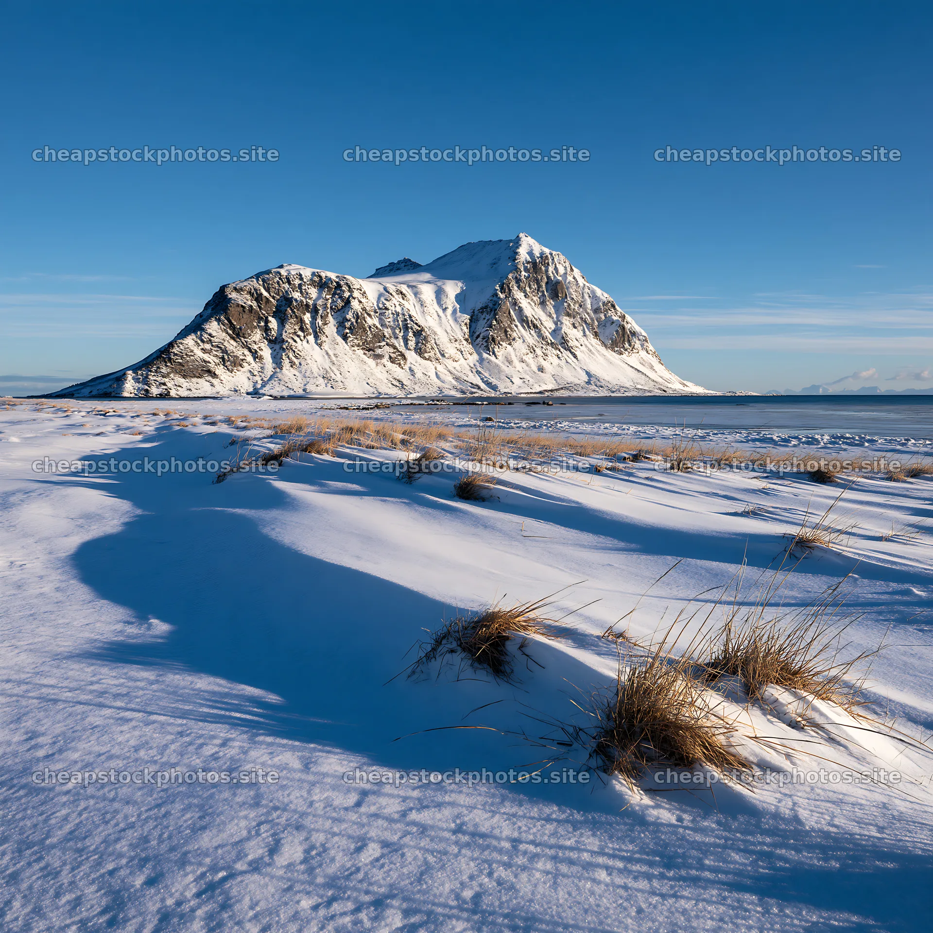 Lofoten coastal meadow covered in winter snow – stock photos 7938x7938