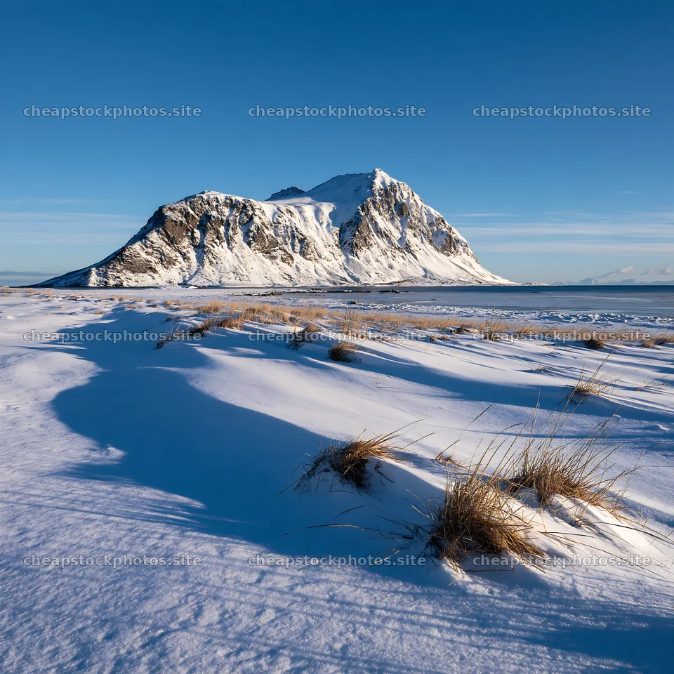 Lofoten coastal meadow covered in winter snow – stock photos 7938x7938