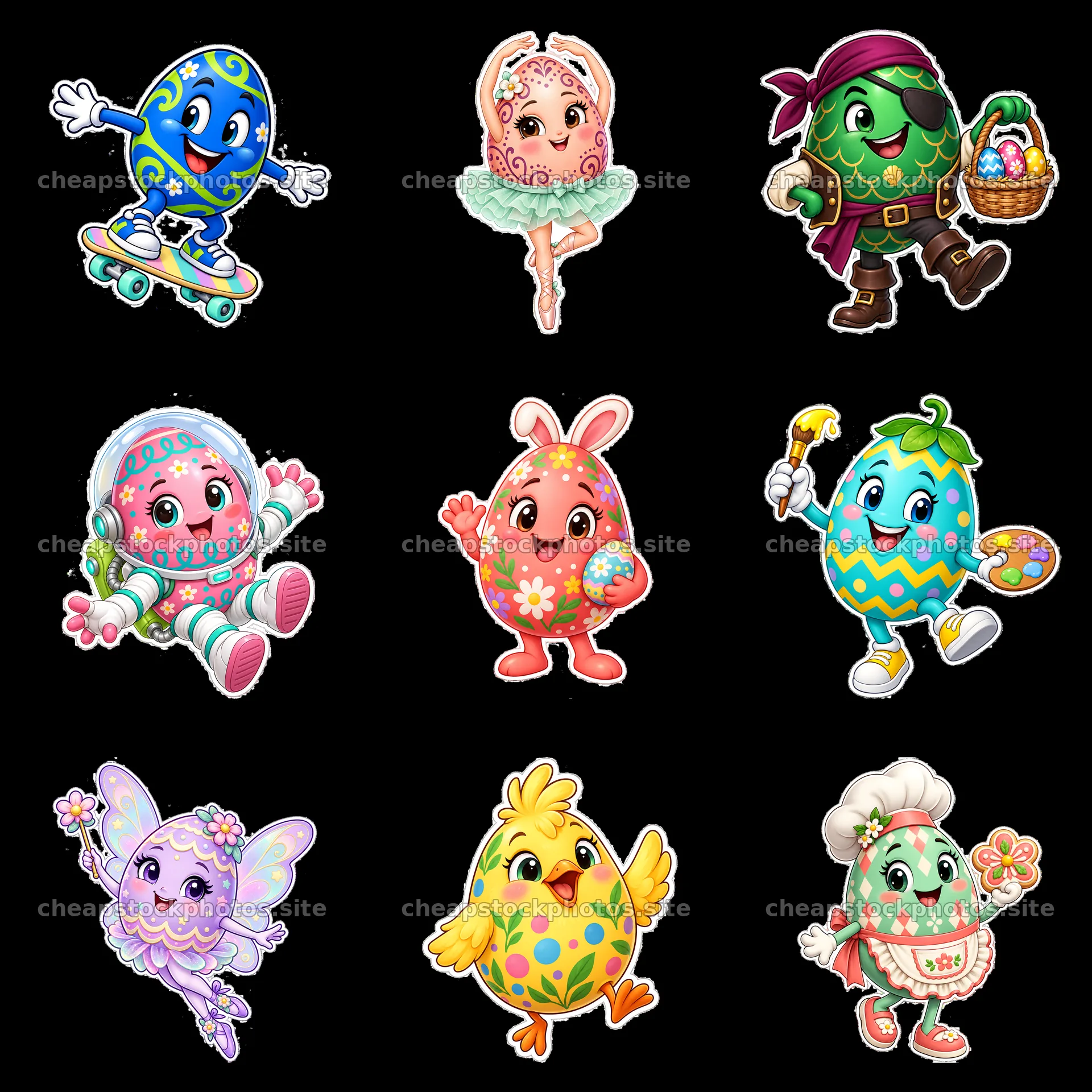 Colorful cartoon Easter eggs in different fun activities – stock photos 7746x7746