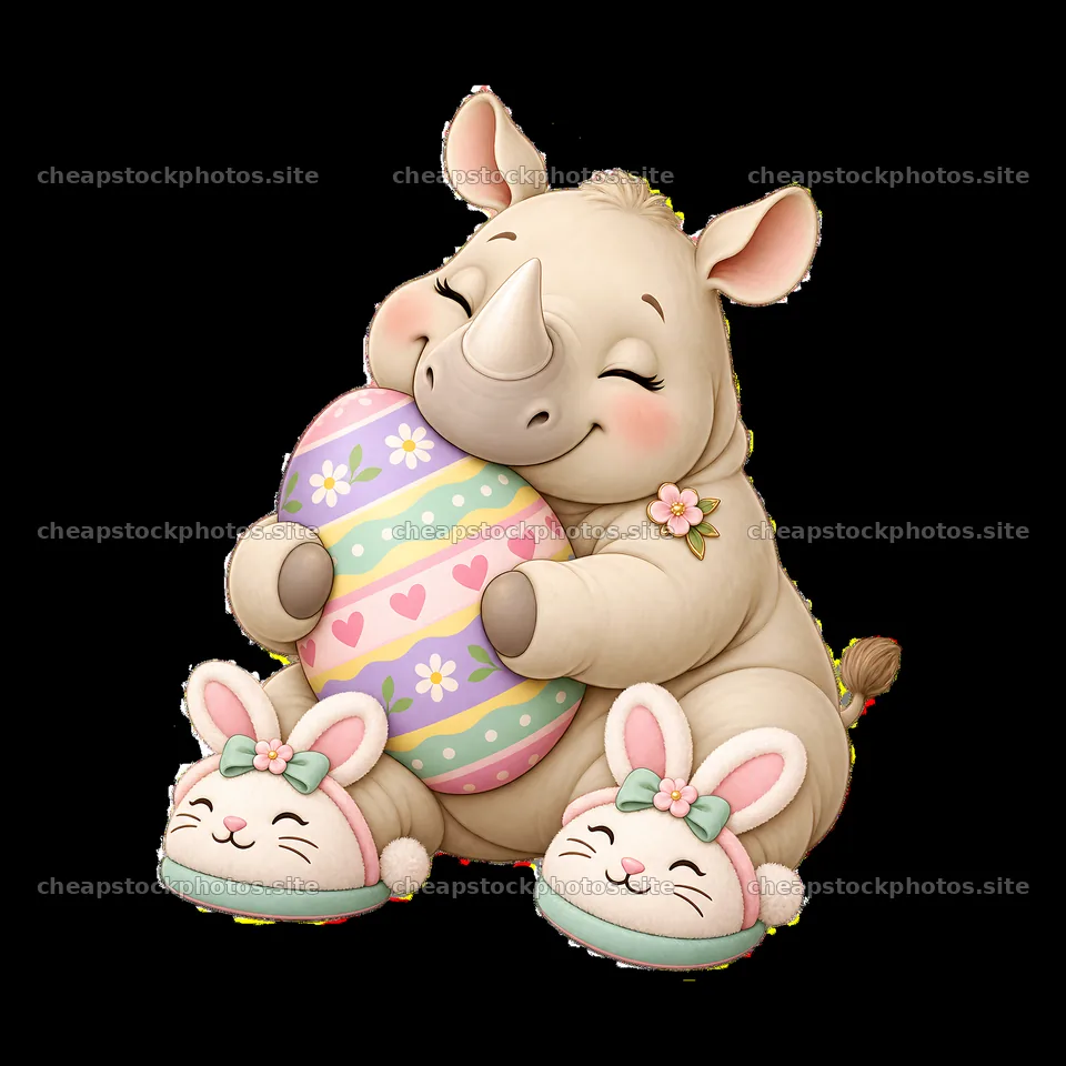 Easter rhinoceros hugging a decorated egg with bunny slippers – stock photos 7746x7746