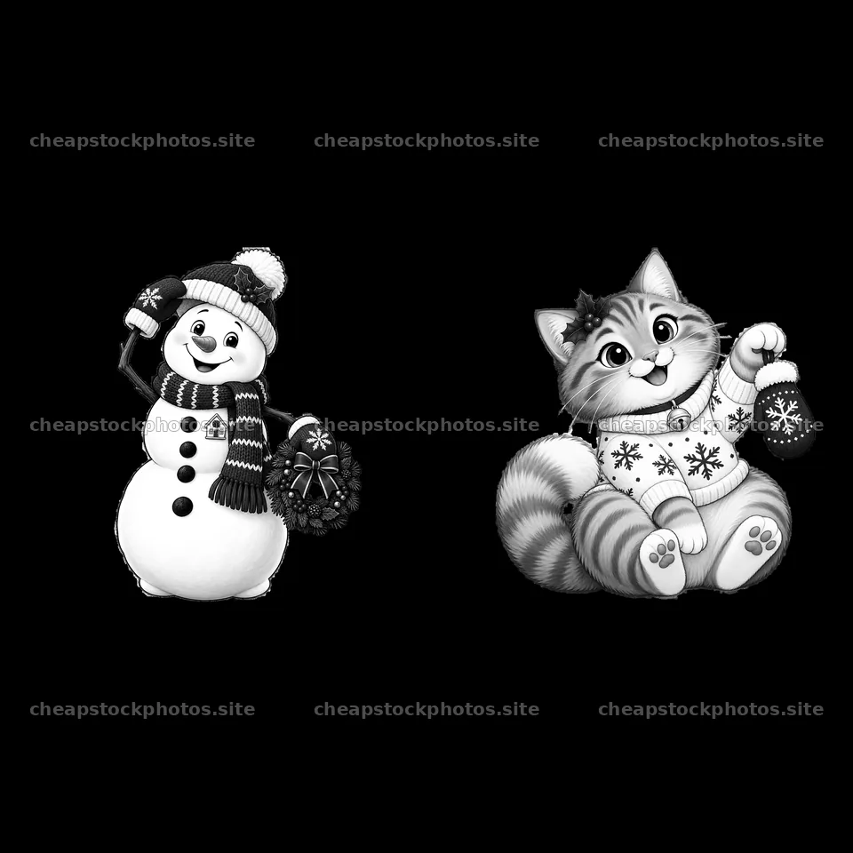 Snowman and cat holding Christmas decorations in black and white – stock photos 7746x7746