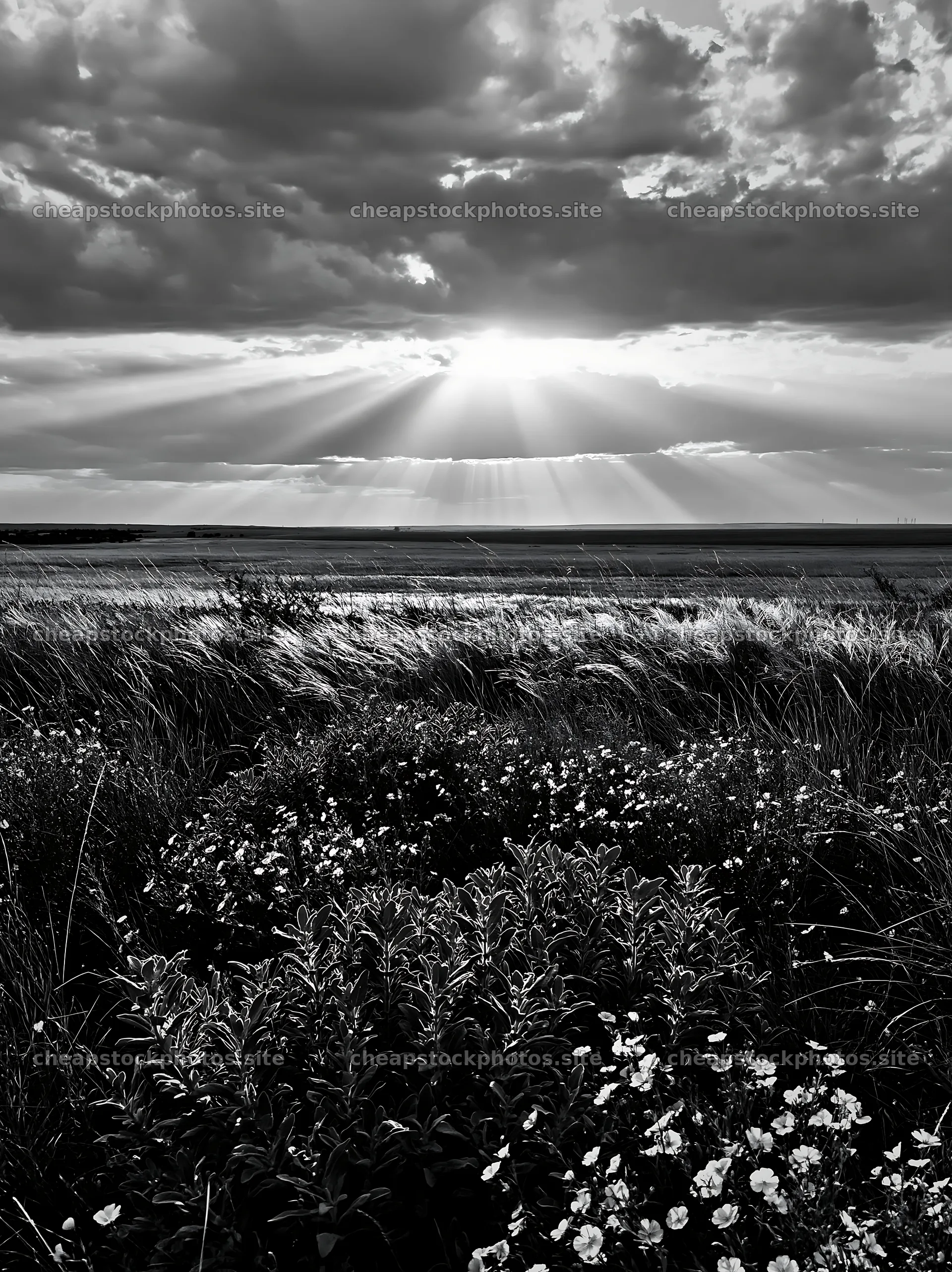Crepuscular rays shine over a meadow with flowers – stock photos 6866x9174