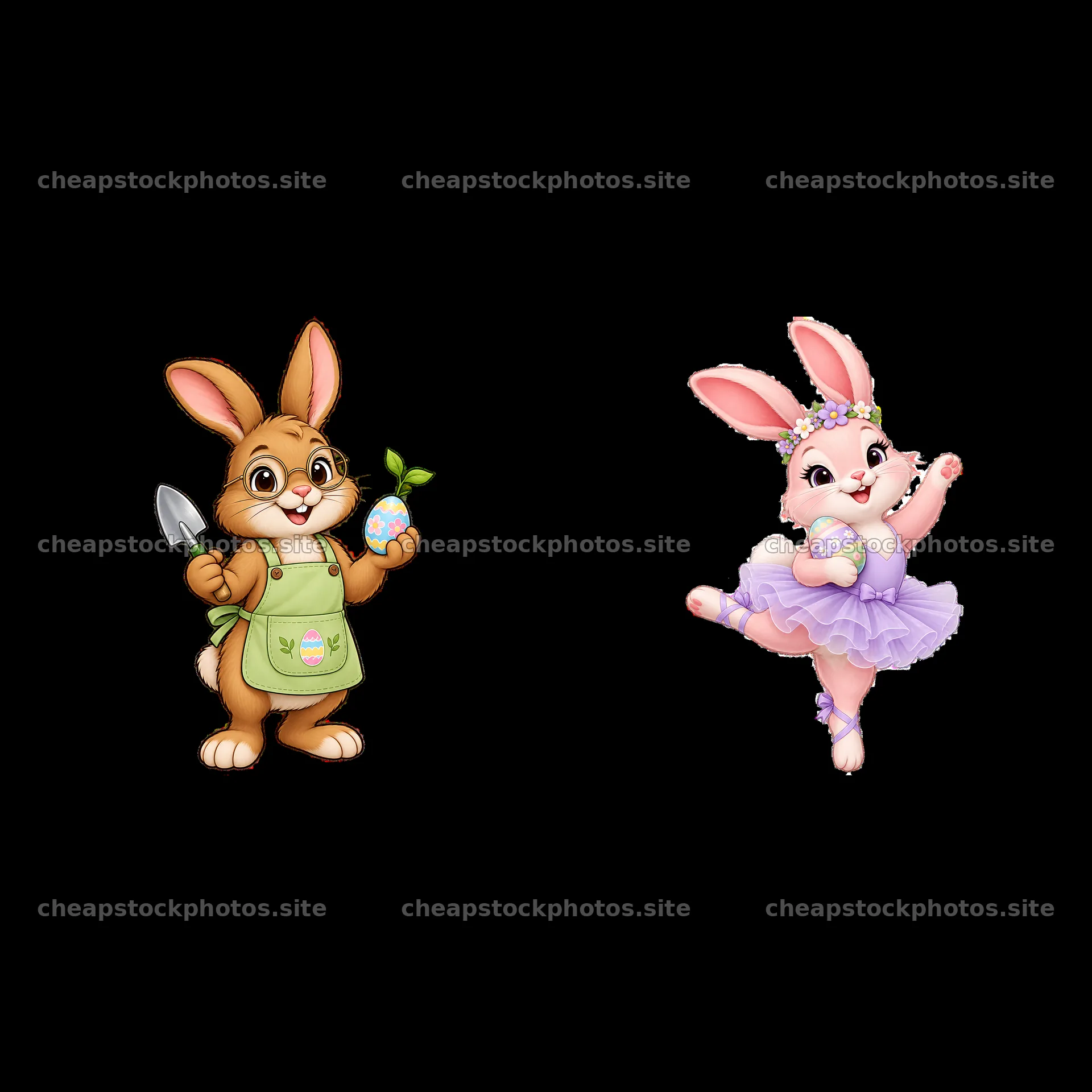 Easter Bunny holding an egg and a dancing bunny in a tutu – stock photos 7746x7746