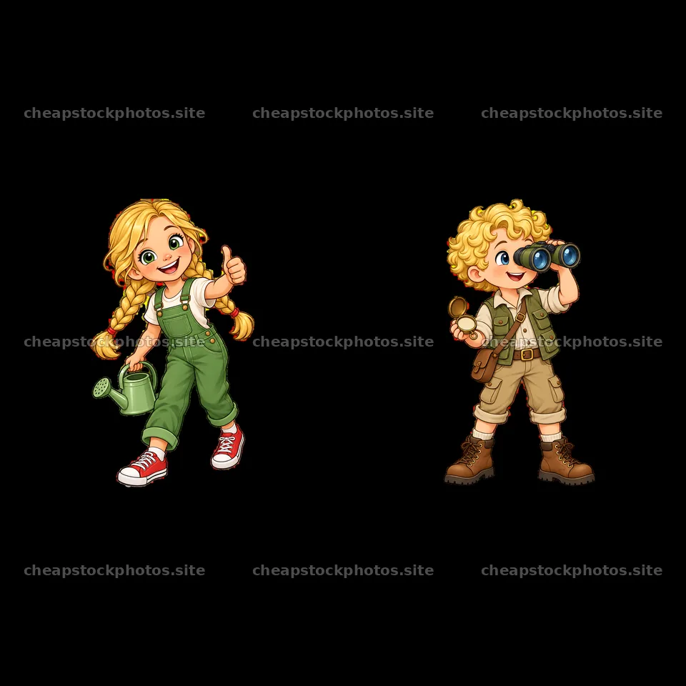 Blond children exploring with gardening and binoculars – stock photos 7746x7746