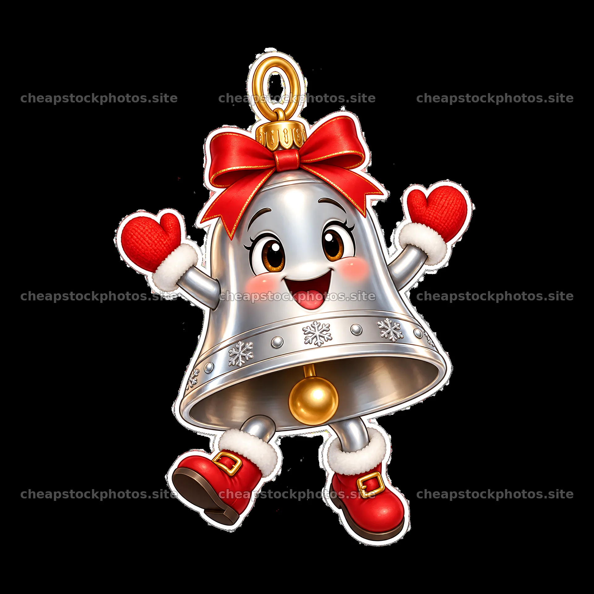 Cute smiling bell ornament with red bow and mittens – stock photos 7746x7746