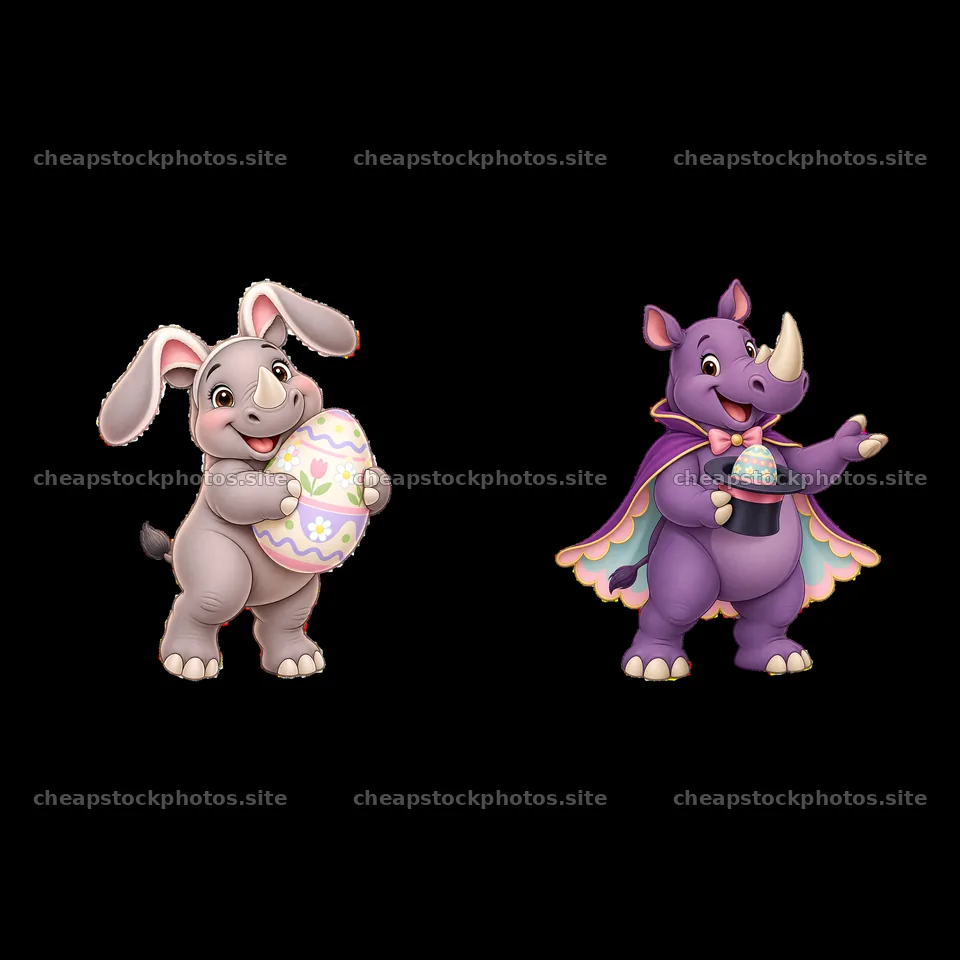 Easter rhino and bunny holding festive egg and cake – stock photos 7746x7746