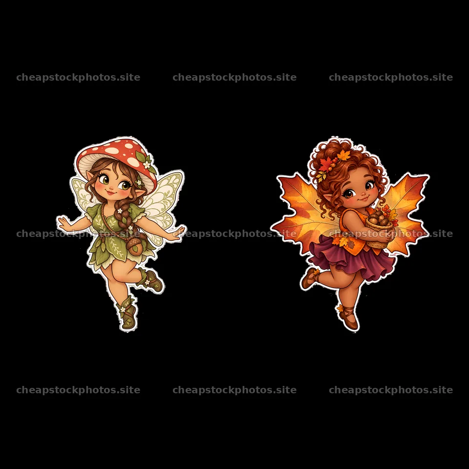 Kawaii chubby fairy characters with mushroom and leaves – stock photos 7746x7746
