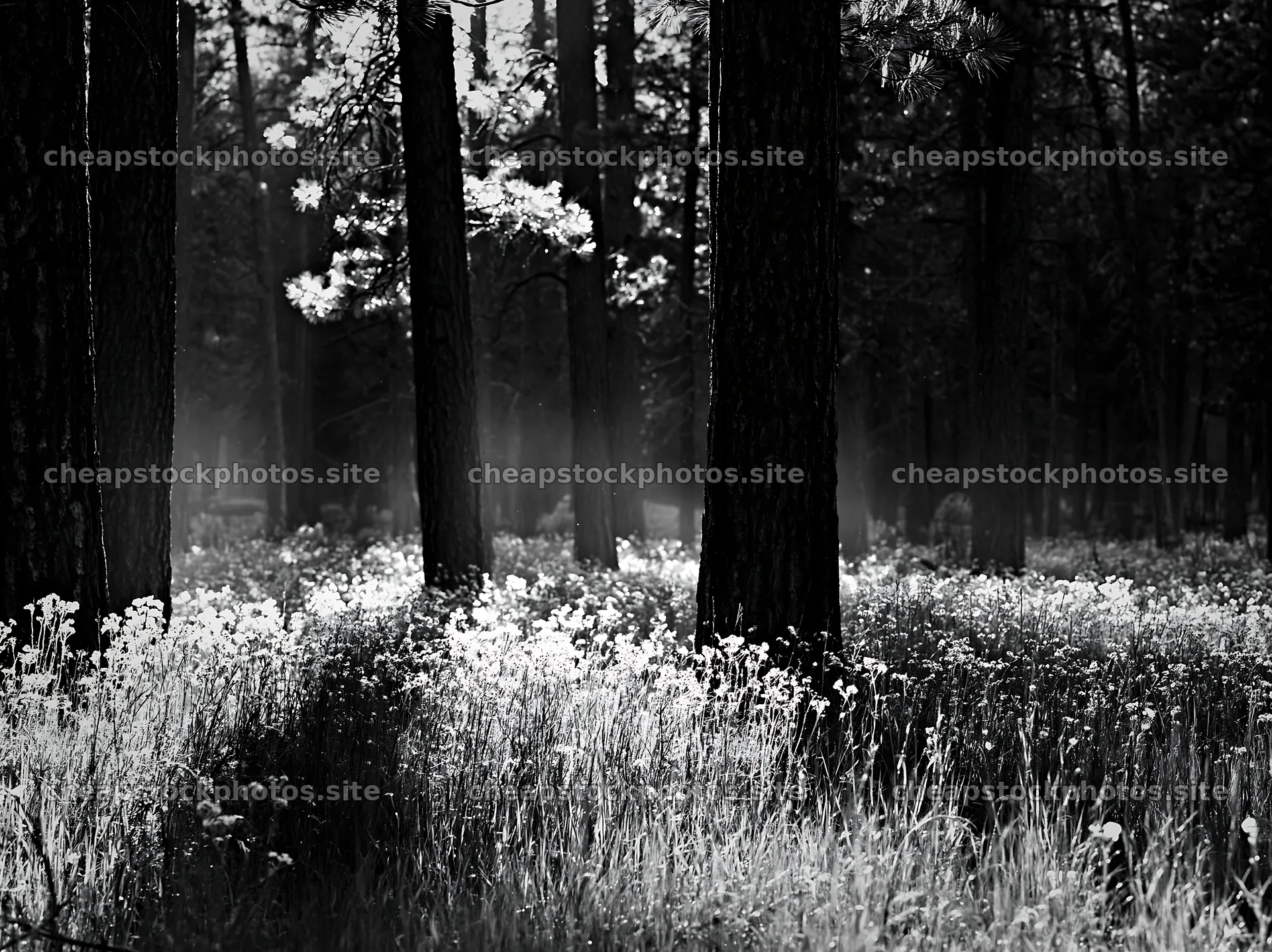 Pine forest meadow with sunlight filtering through trees – stock photos 9174x6866
