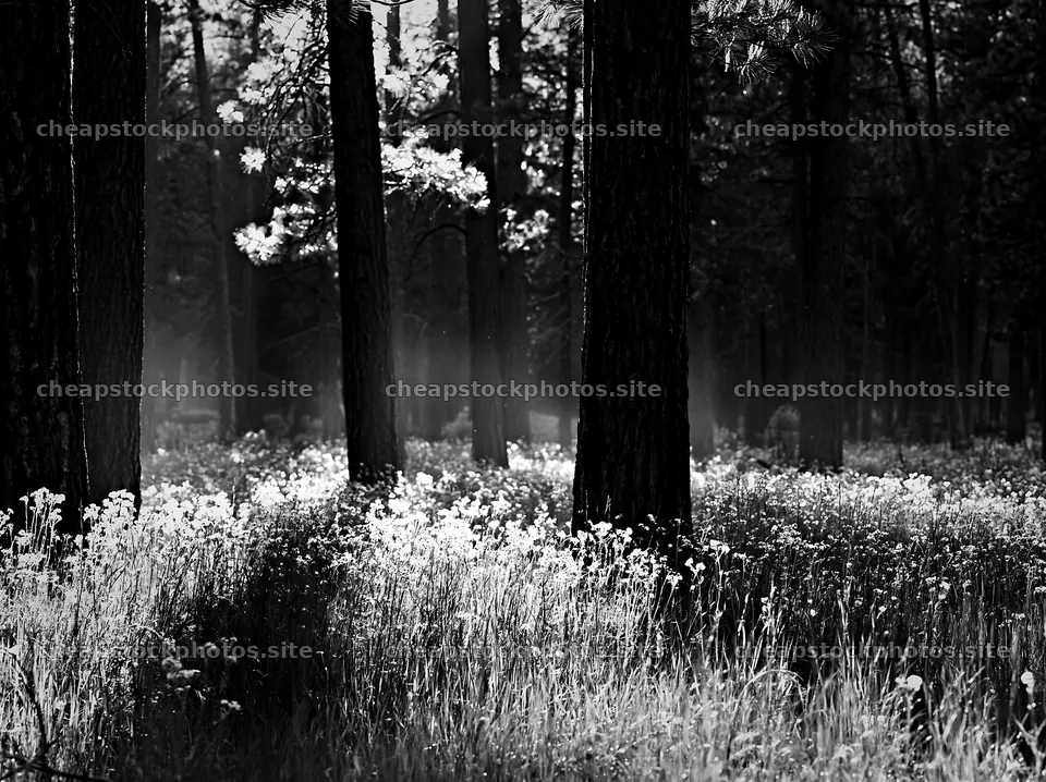 Pine forest meadow with sunlight filtering through trees – stock photos 9174x6866