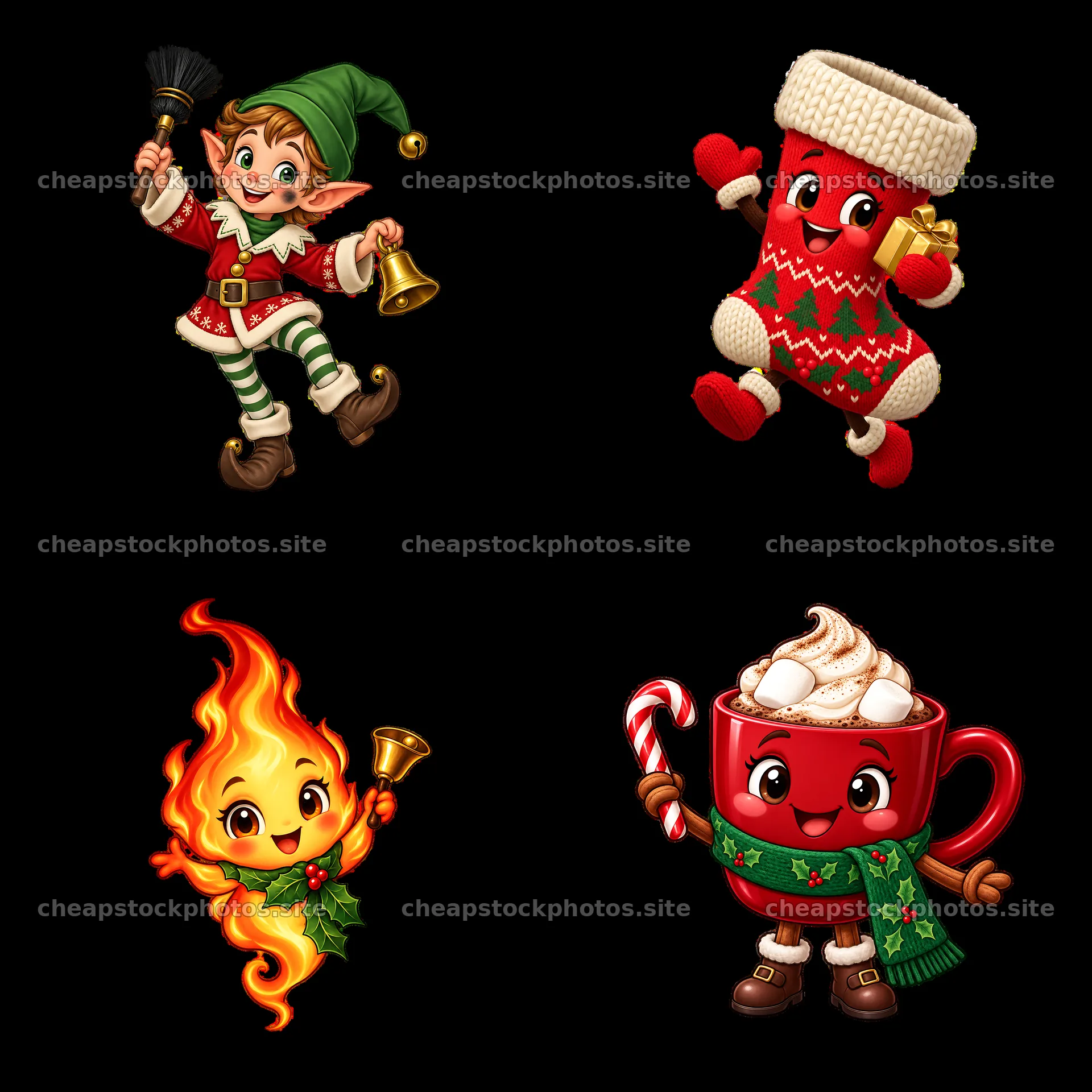Festive cartoon characters for Christmas with gifts and decorations – stock photos 7746x7746