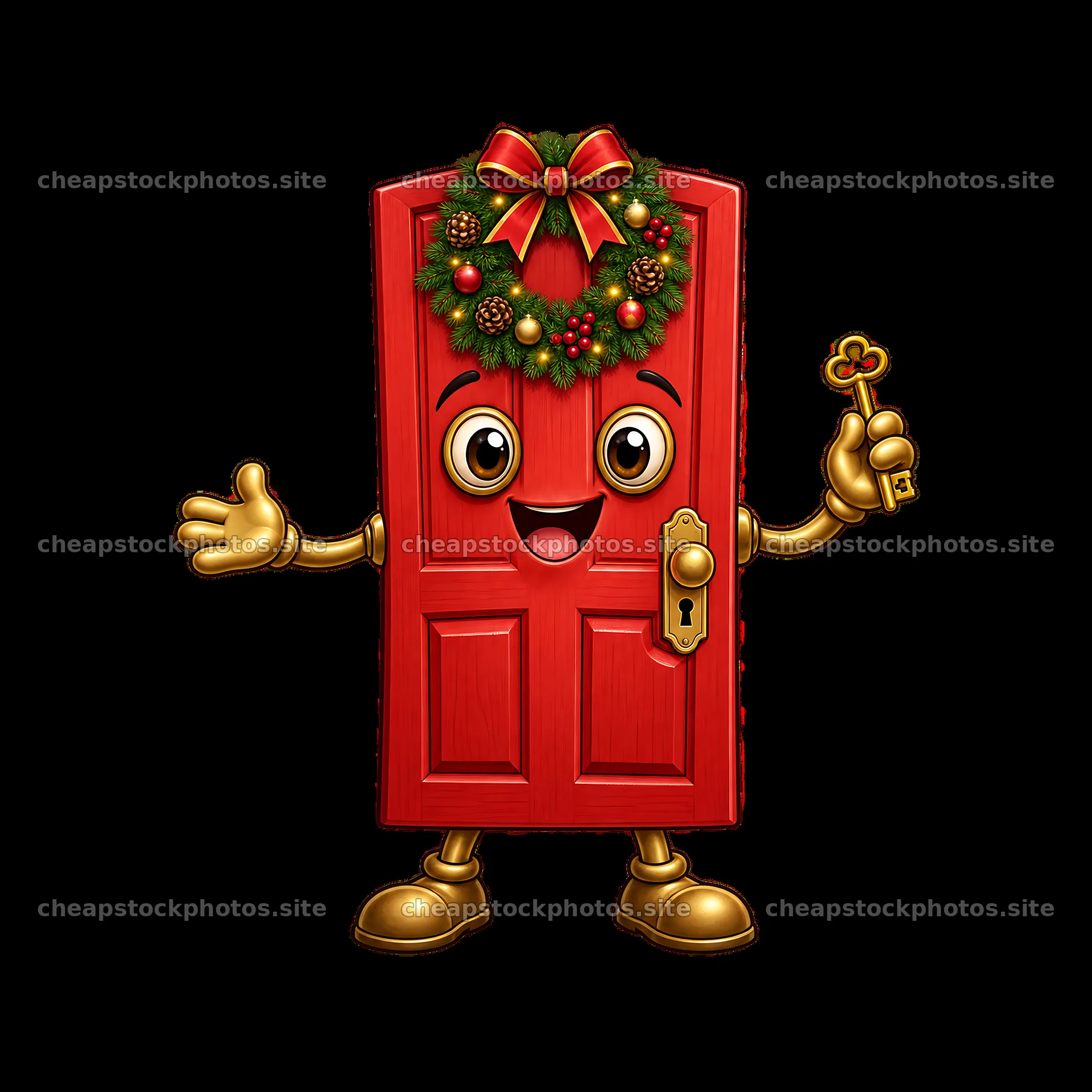Red door character with a Christmas wreath and key – stock photos 7746x7746