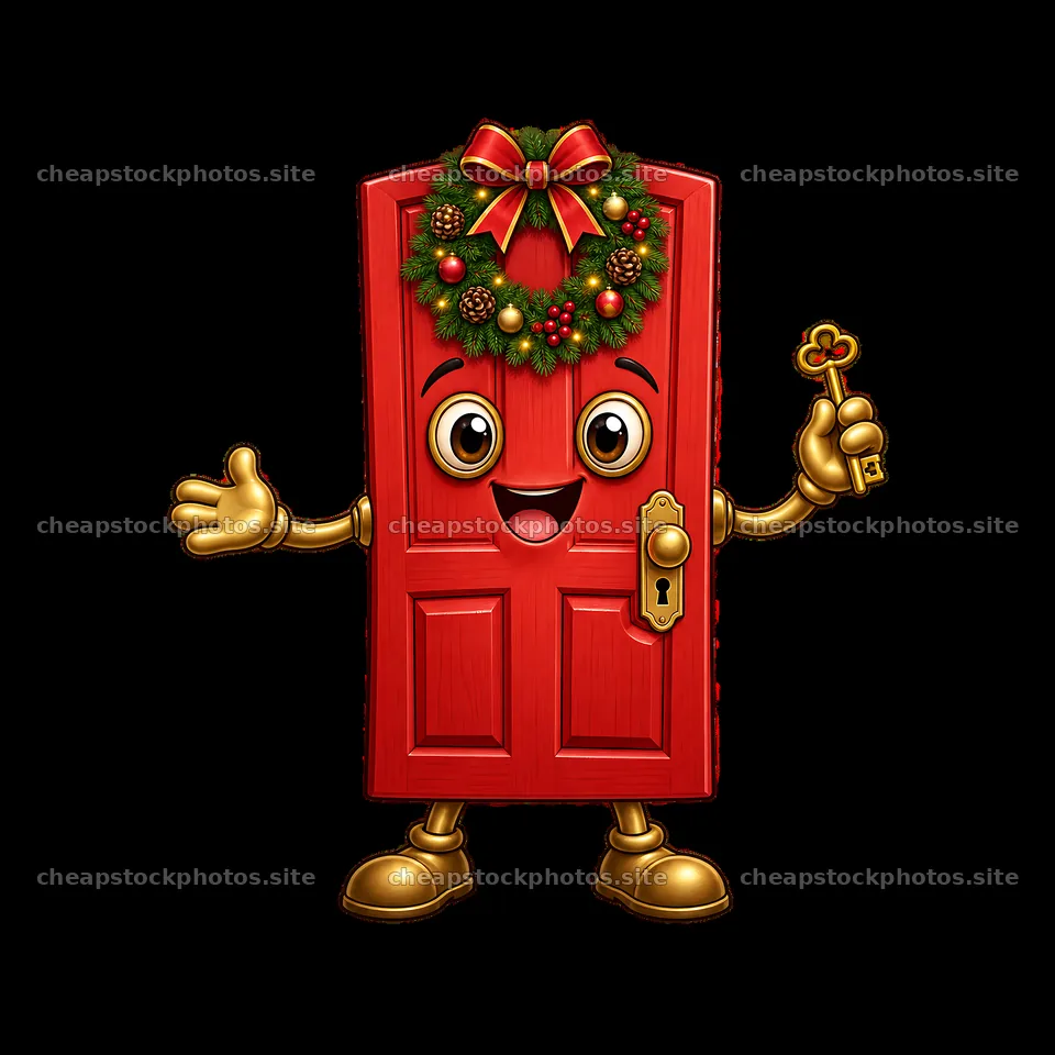 Red door character with a Christmas wreath and key – stock photos 7746x7746