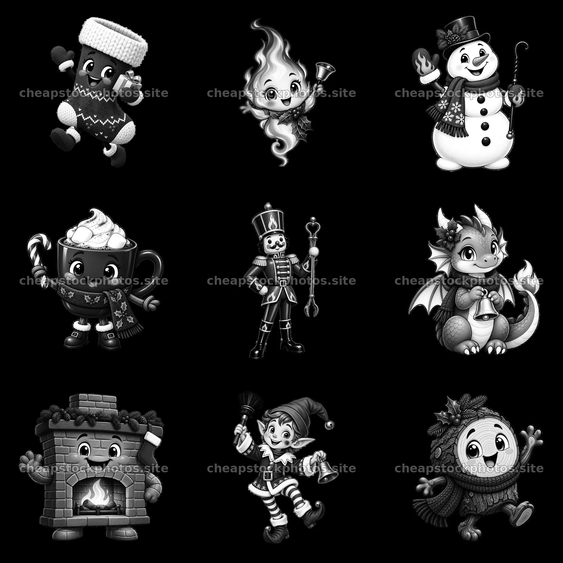 Cartoon characters celebrating Christmas around a fireplace – stock photos 7746x7746