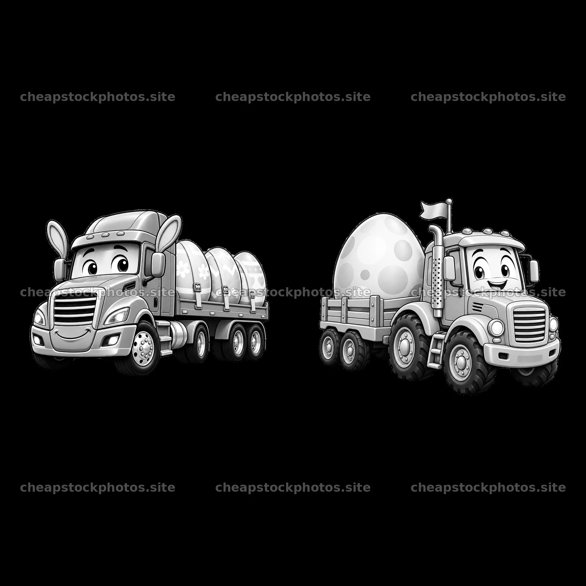 Easter truck carrying eggs with cheerful expression – stock photos 7746x7746