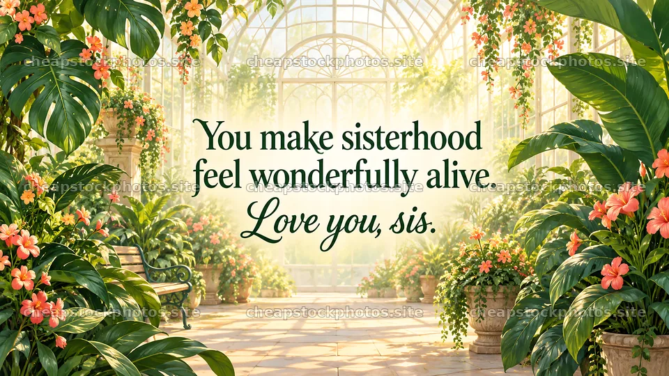 Sisterhood Greeting in a Sunlit Conservatory – stock photos 10324x5812