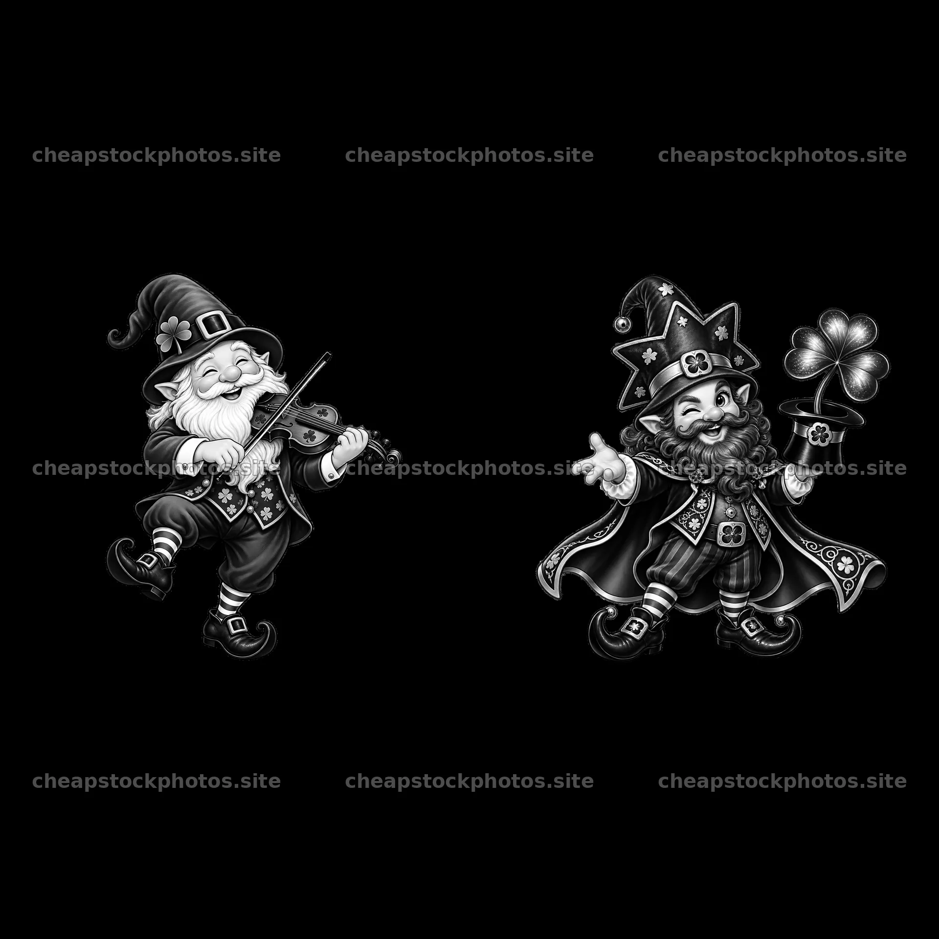 Gnome playing violin and gnome holding shamrock on St. Patrick's Day – stock photos 7746x7746