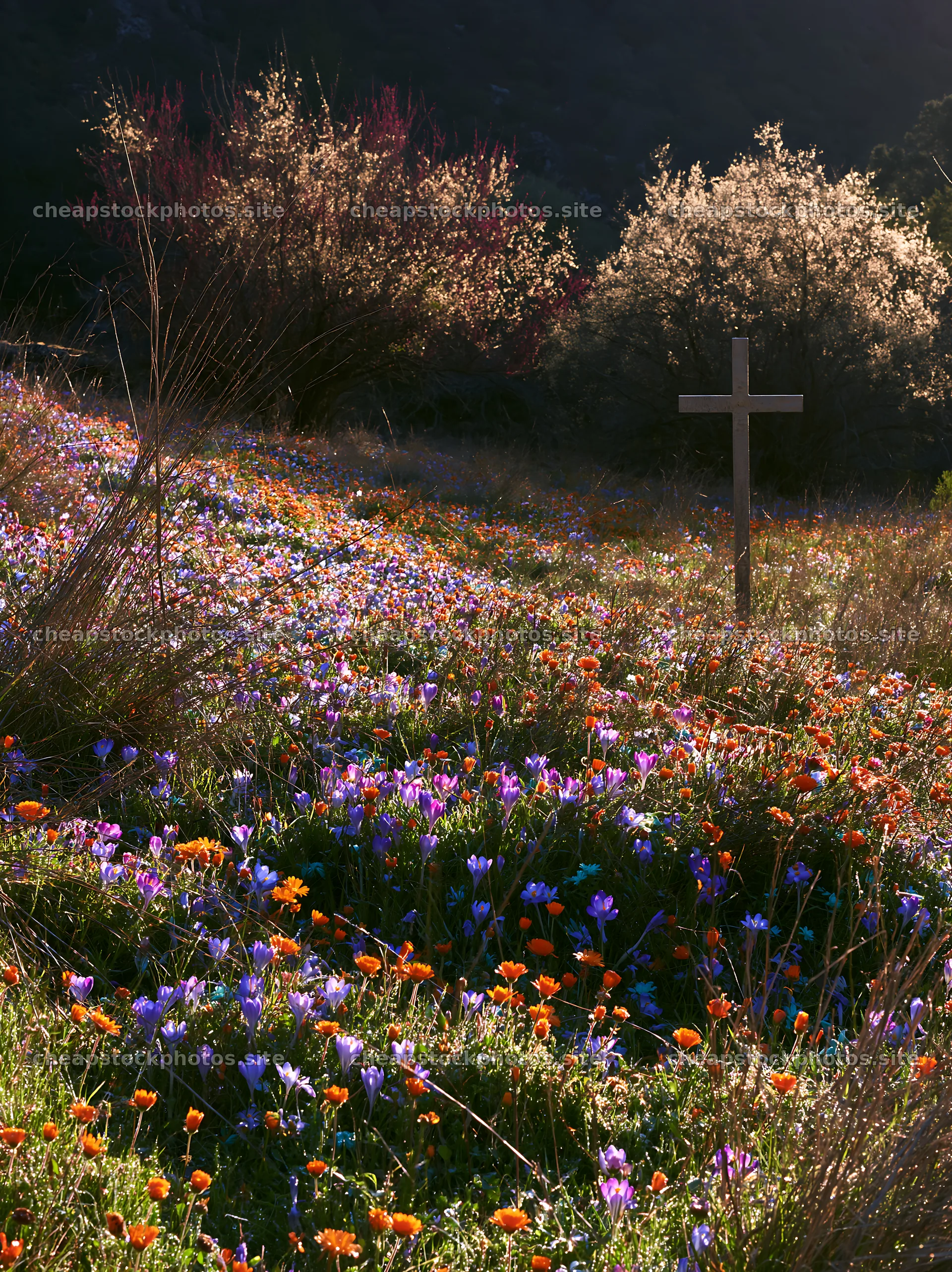 Christian cross in winter meadow with wildflowers – stock photos 6866x9174