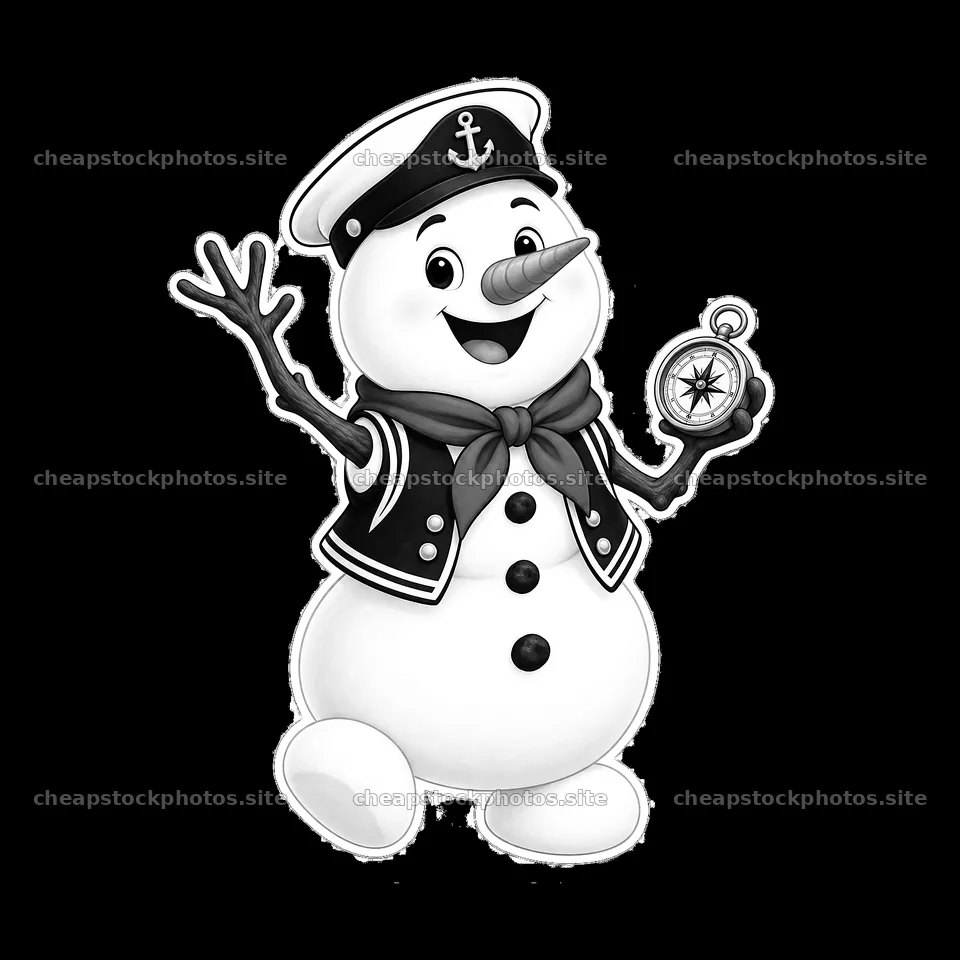 Snowman wearing captain's hat holds compass in cheerful pose – stock photos 7746x7746