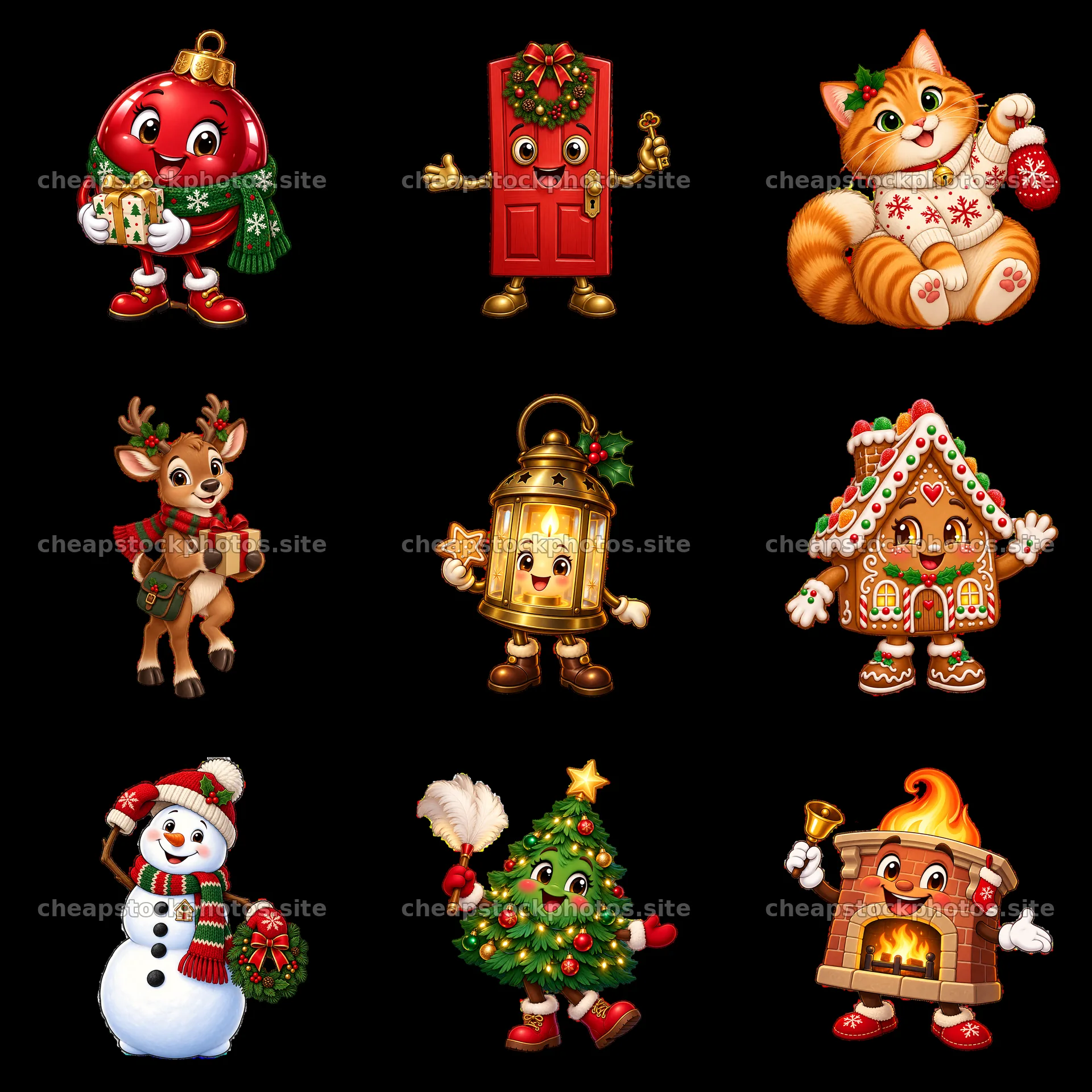 Christmas house characters in a fun 3x3 sticker layout – stock photos 7746x7746