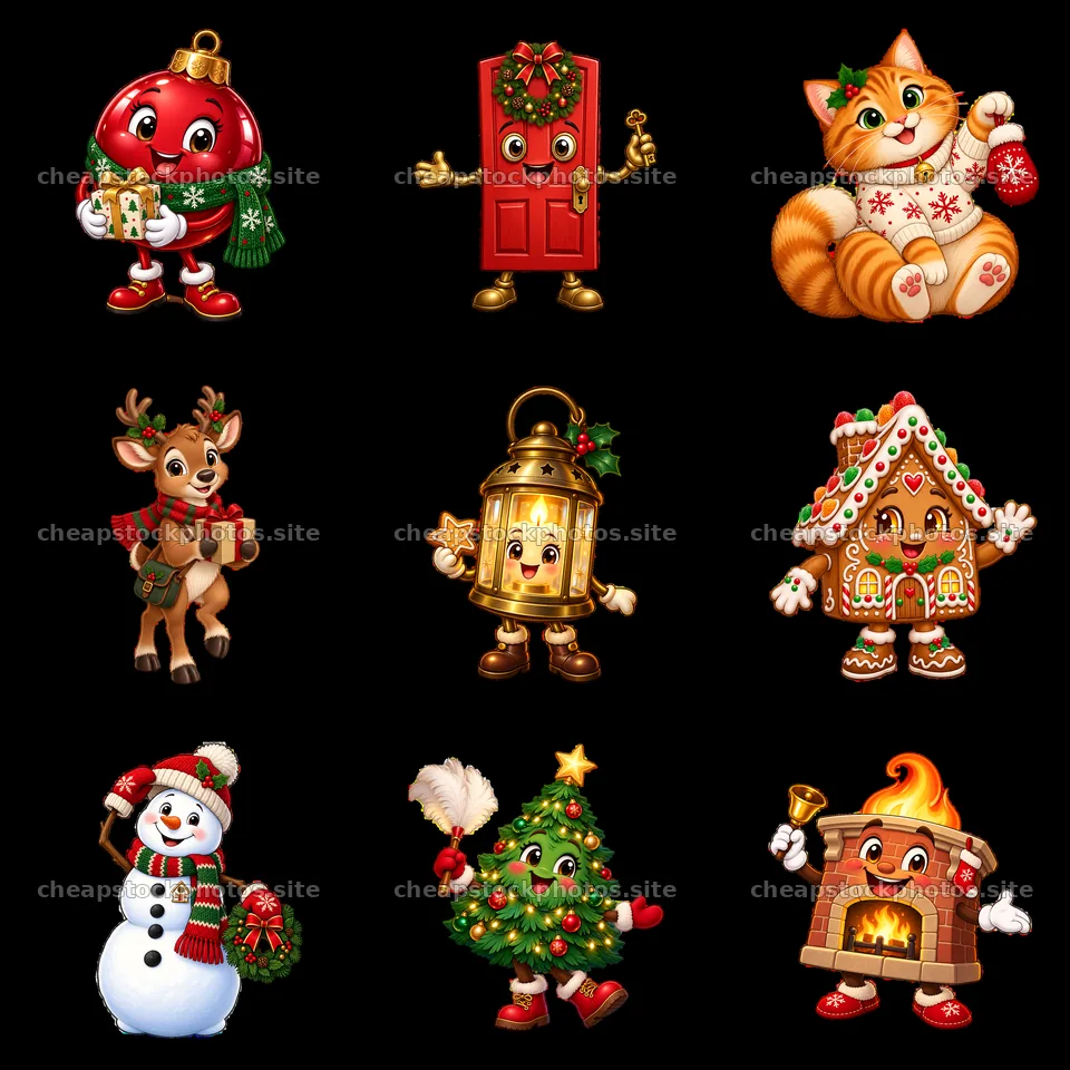 Christmas house characters in a fun 3x3 sticker layout – stock photos 7746x7746