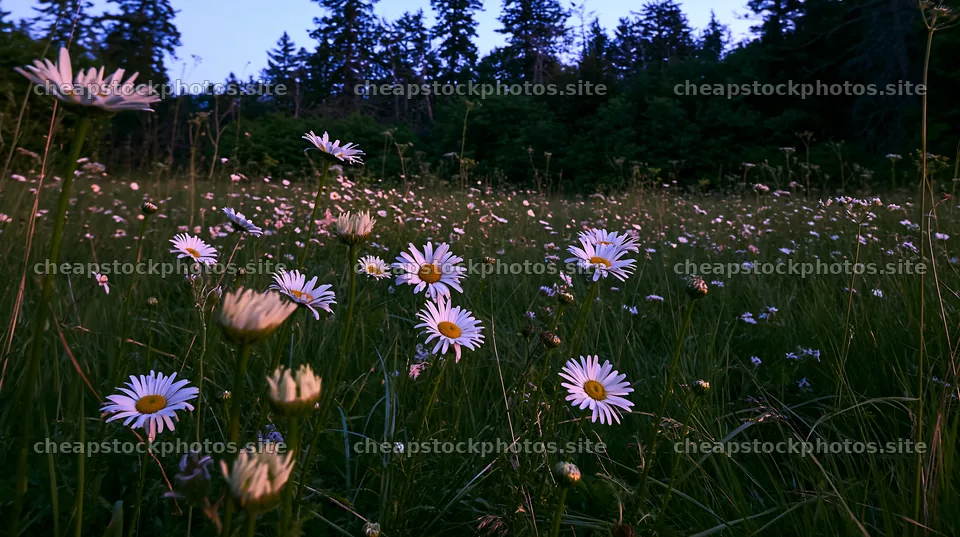 Tall grass meadow with wildflowers in evening light – stock photos 10608x5938