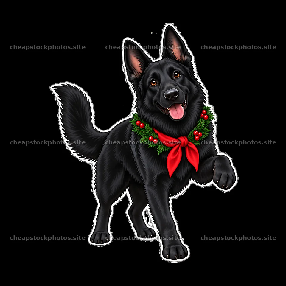Black German Shepherd dog wearing Christmas wreath and bow – stock photos 7746x7746