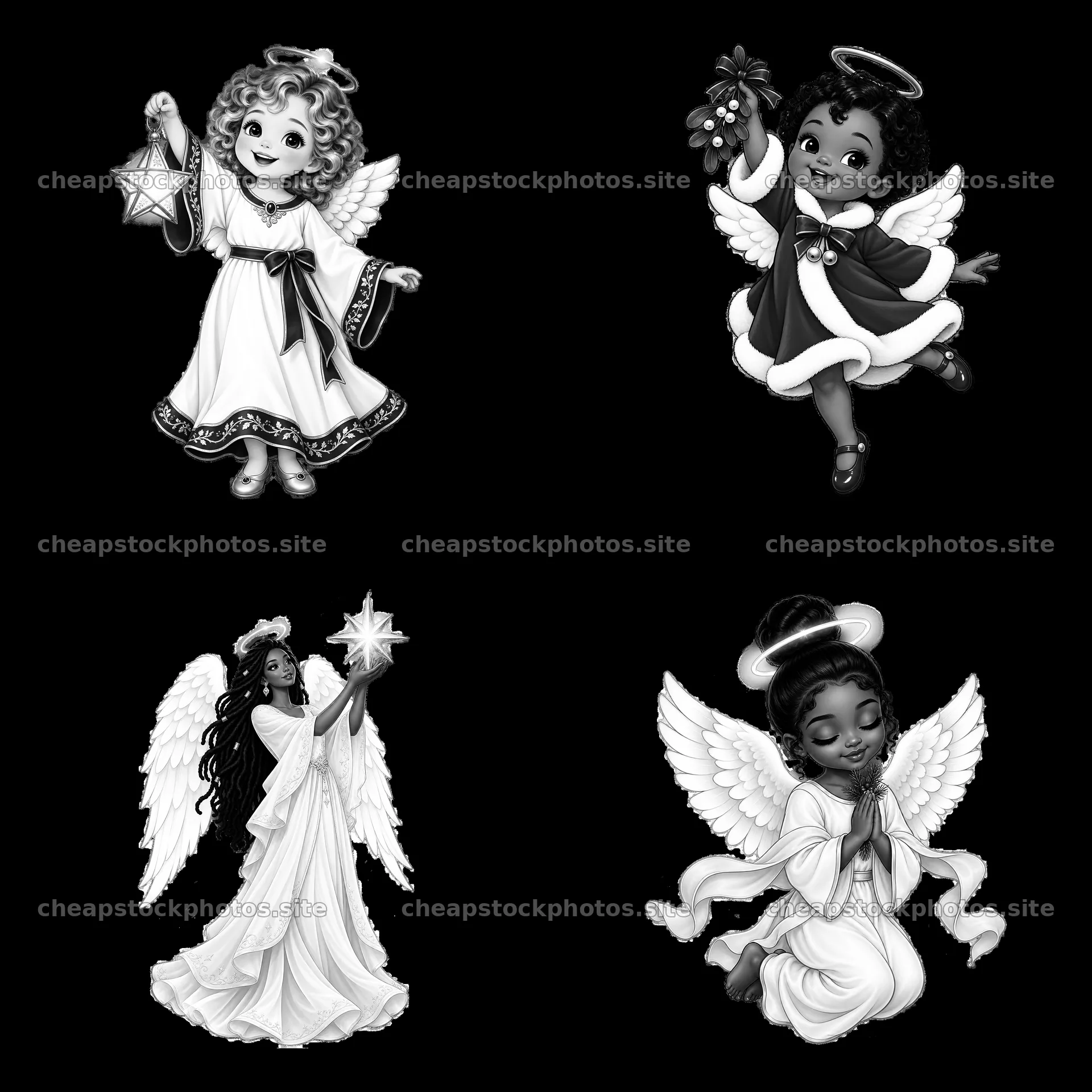 Cartoon angels holding stars and flowers in black-and-white design – stock photos 7746x7746
