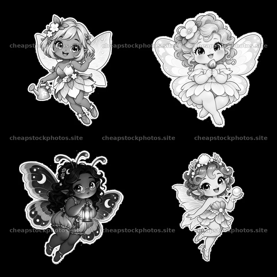 Kawaii chubby fairies with accessories in black-and-white layout – stock photos 7746x7746