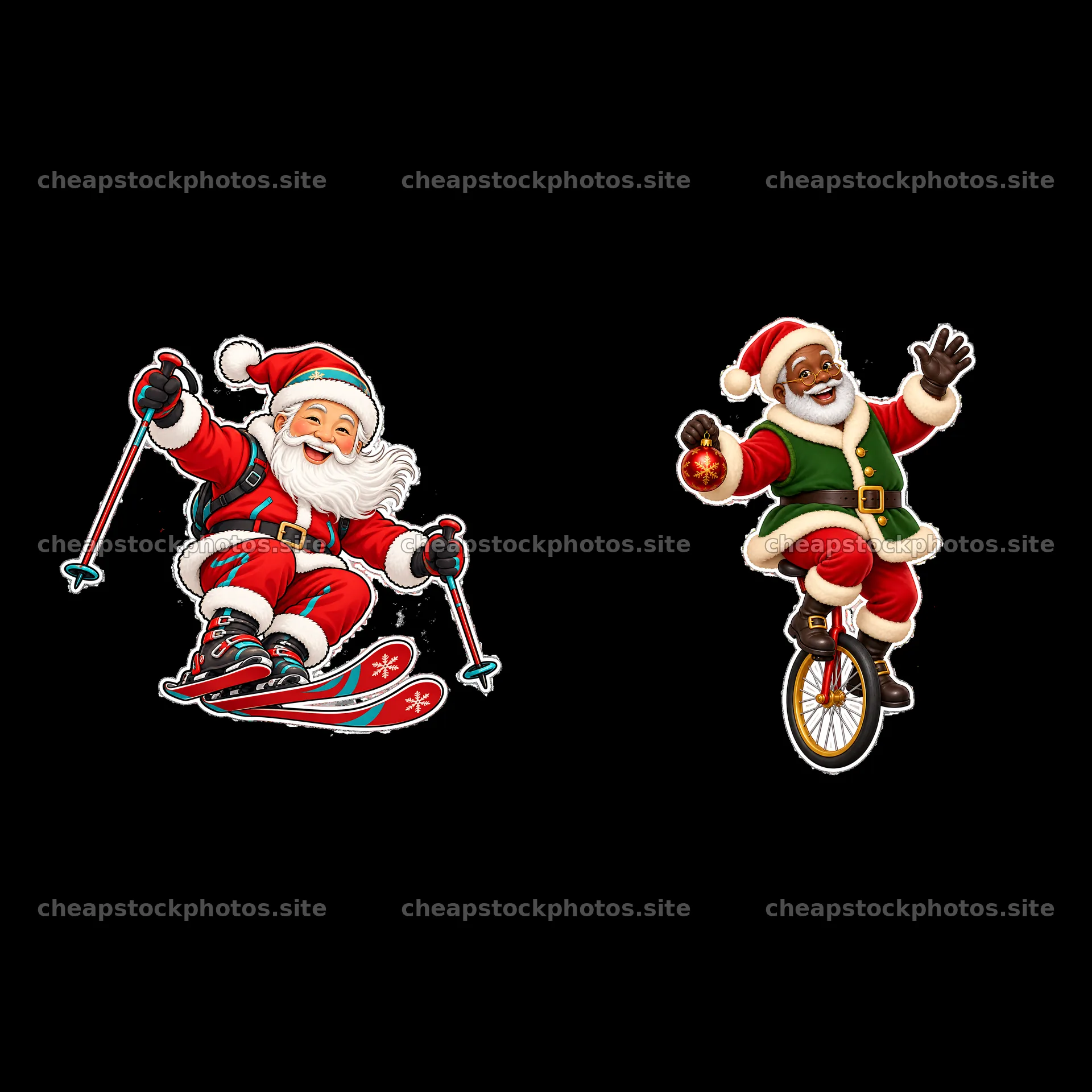 Santa Claus skiing and riding a unicycle in festive attire – stock photos 7746x7746