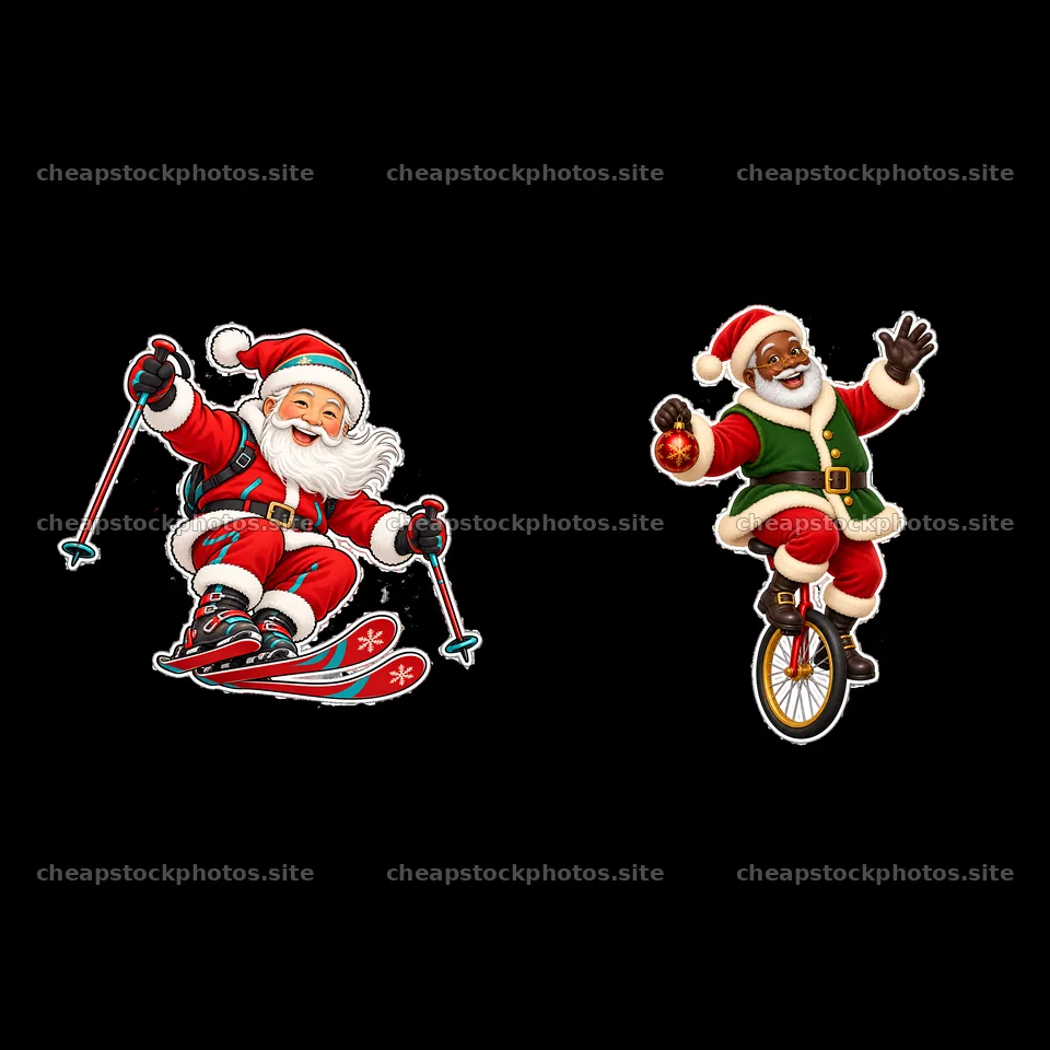 Santa Claus skiing and riding a unicycle in festive attire – stock photos 7746x7746