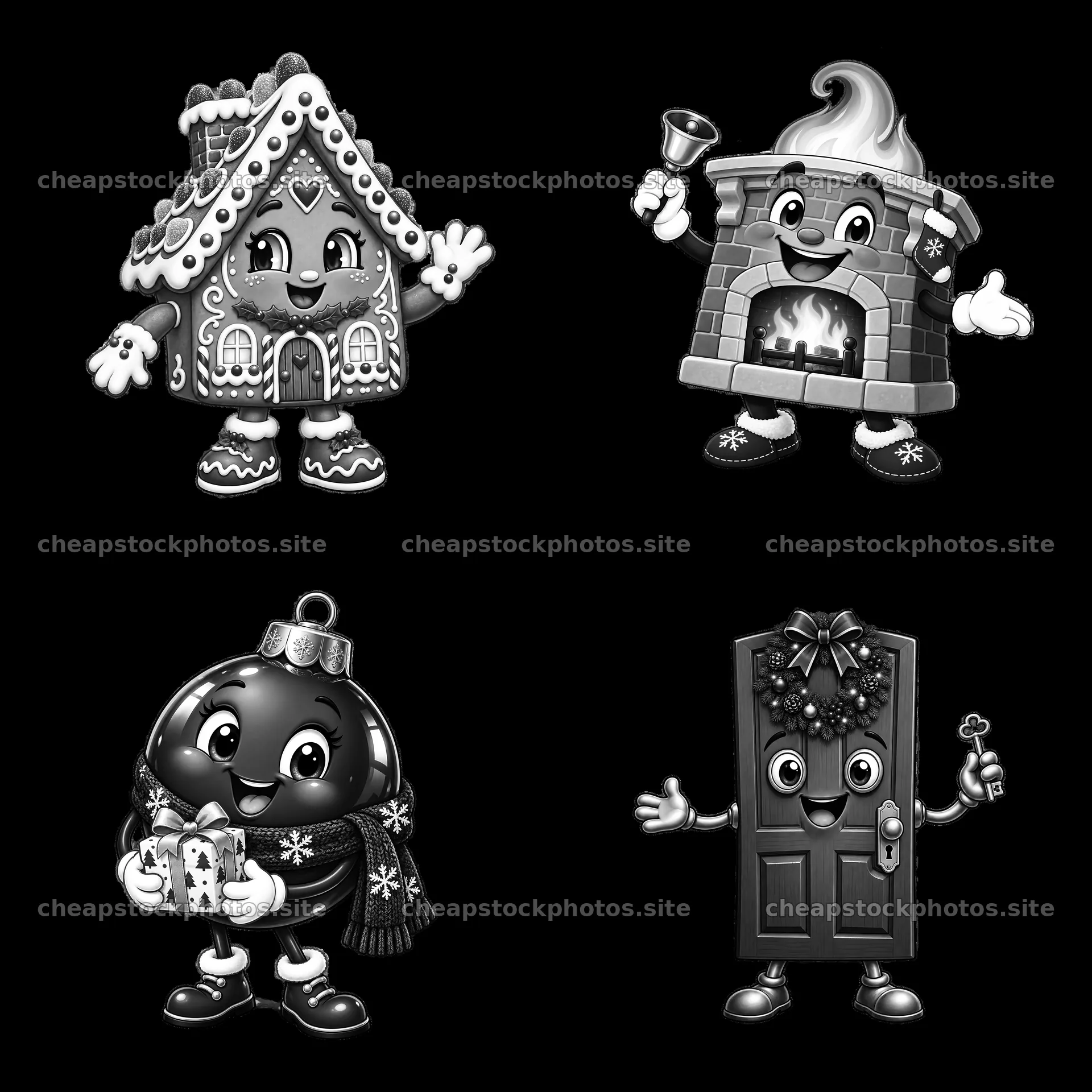 Christmas house themed cartoon stickers in black and white – stock photos 7746x7746
